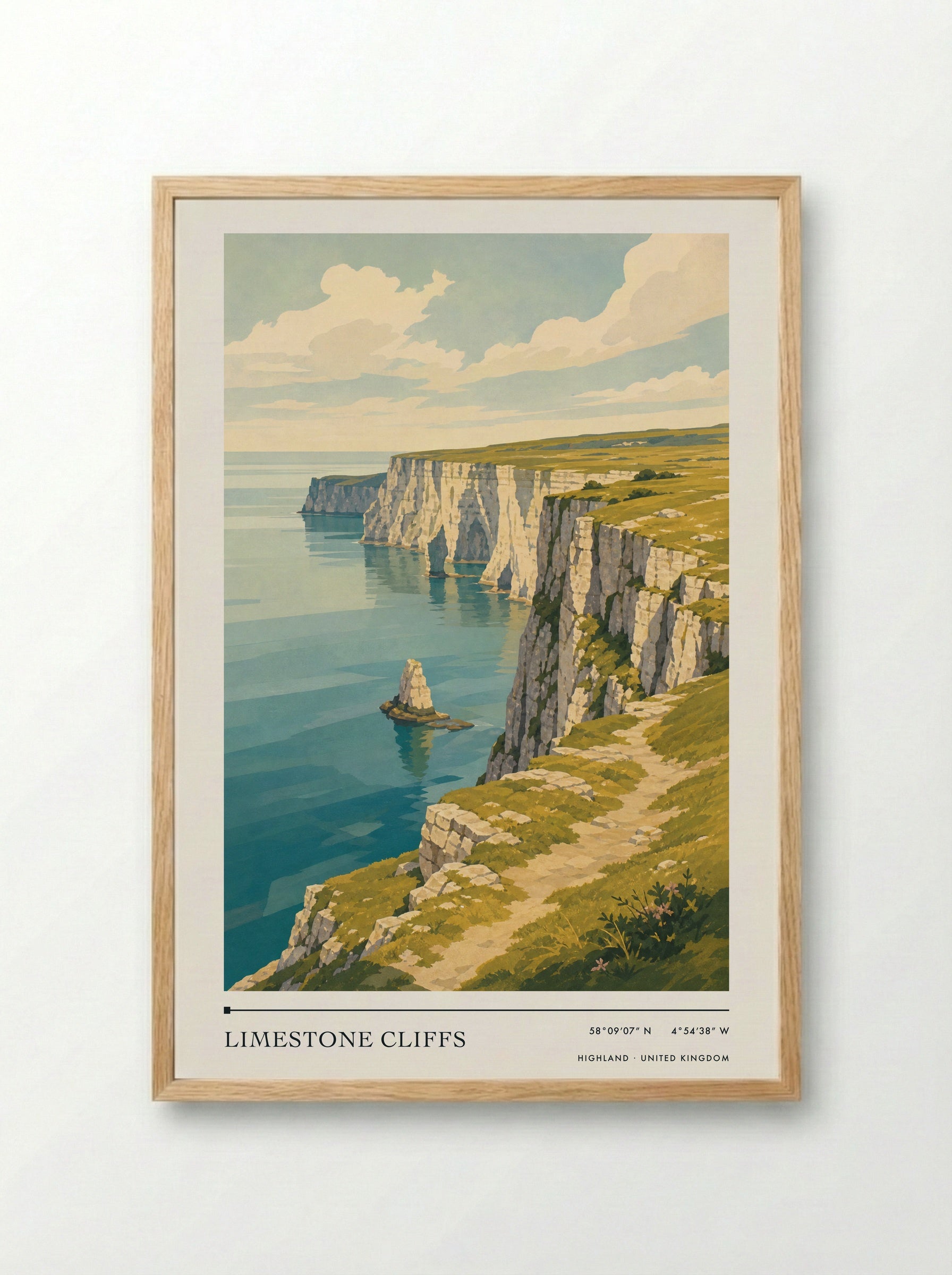 Limestone Cliffs Highland United Kingdom Travel Poster - Framed Print Wood