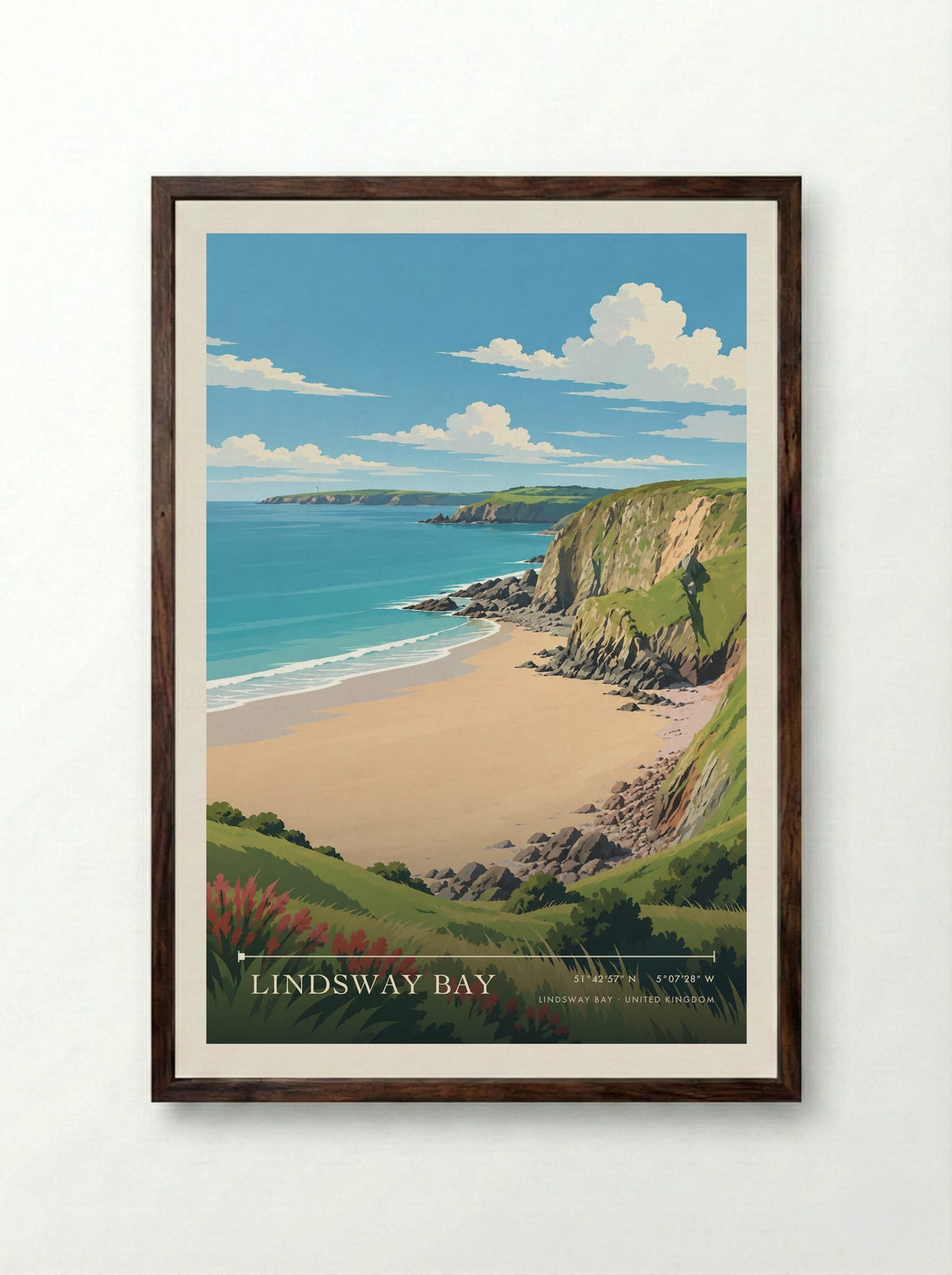 Lindsway Bay | Travel Poster - Framed Print Dark Wood