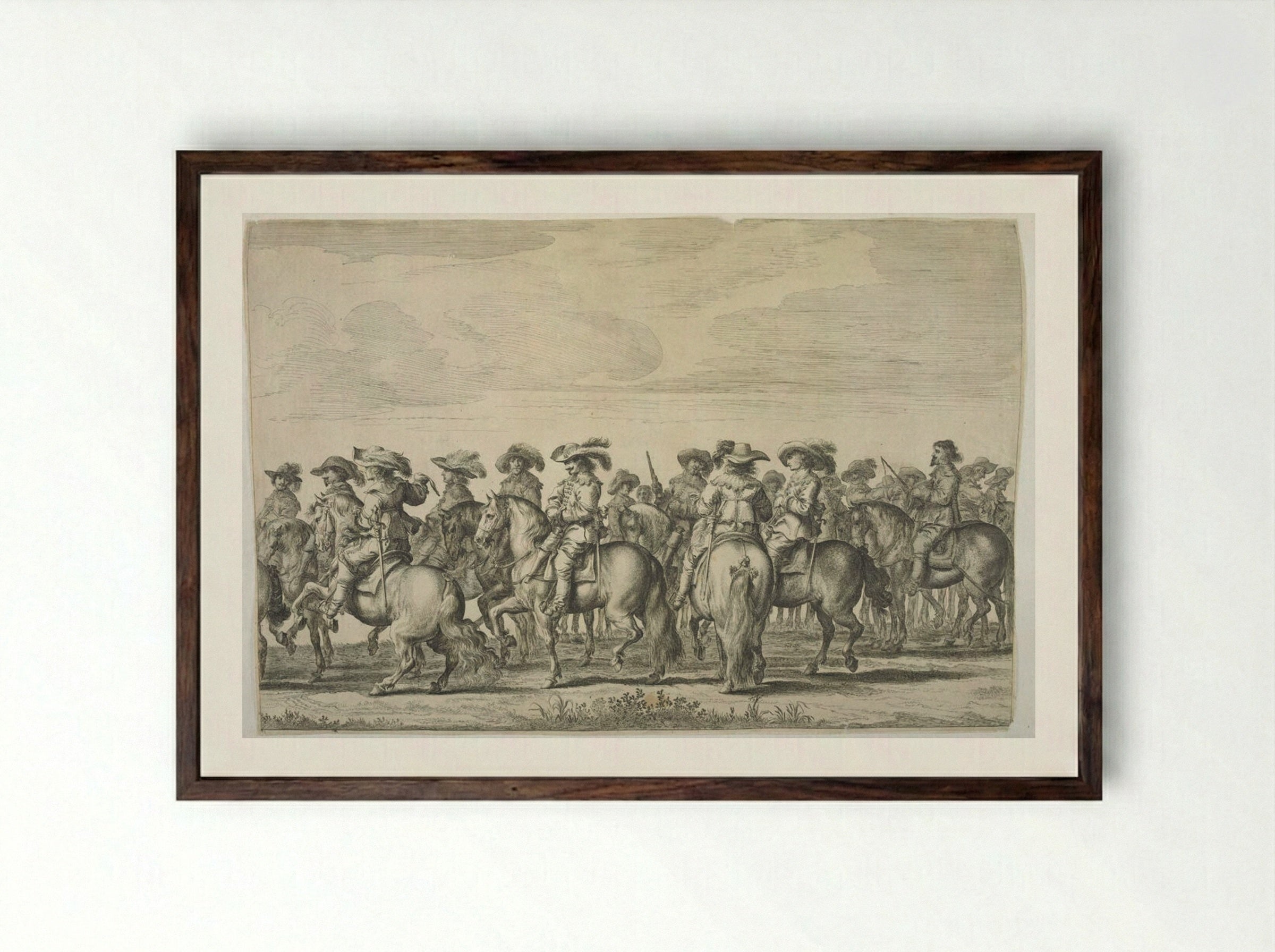 Line of Courtiers on Horseback Facing Left, Behind Them a Line Facing Right - Pieter Nolpe - Framed Print Dark Wood