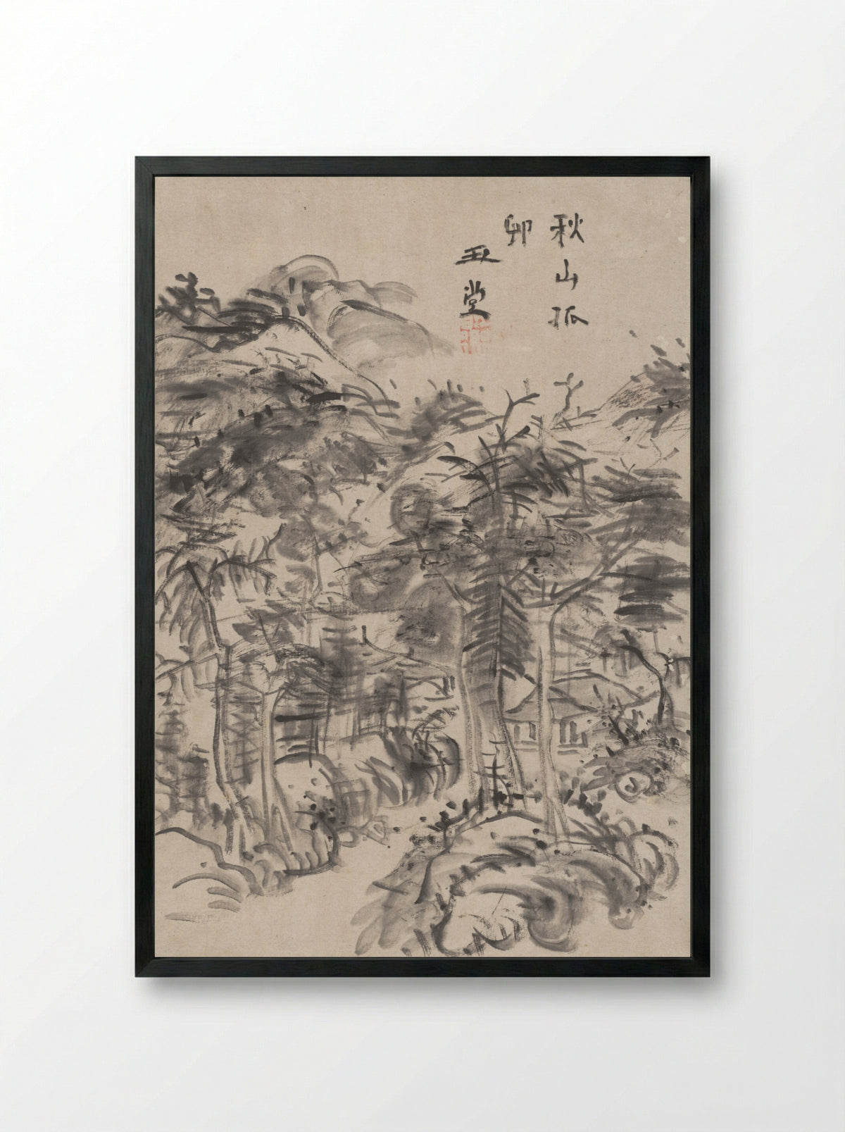 Lingering Rain over Half the Village - Urakami Gyokudō - Framed Print Black