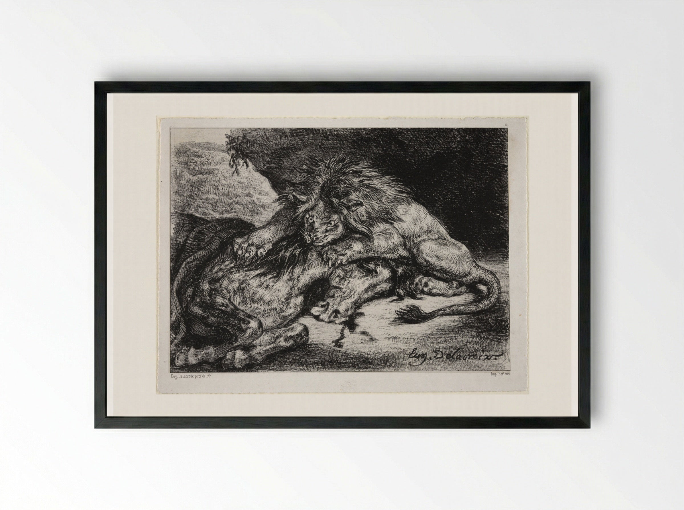Lion Devouring a Horse - Ferdinand-Victor-Eugène Delacroix - Framed Print Black
