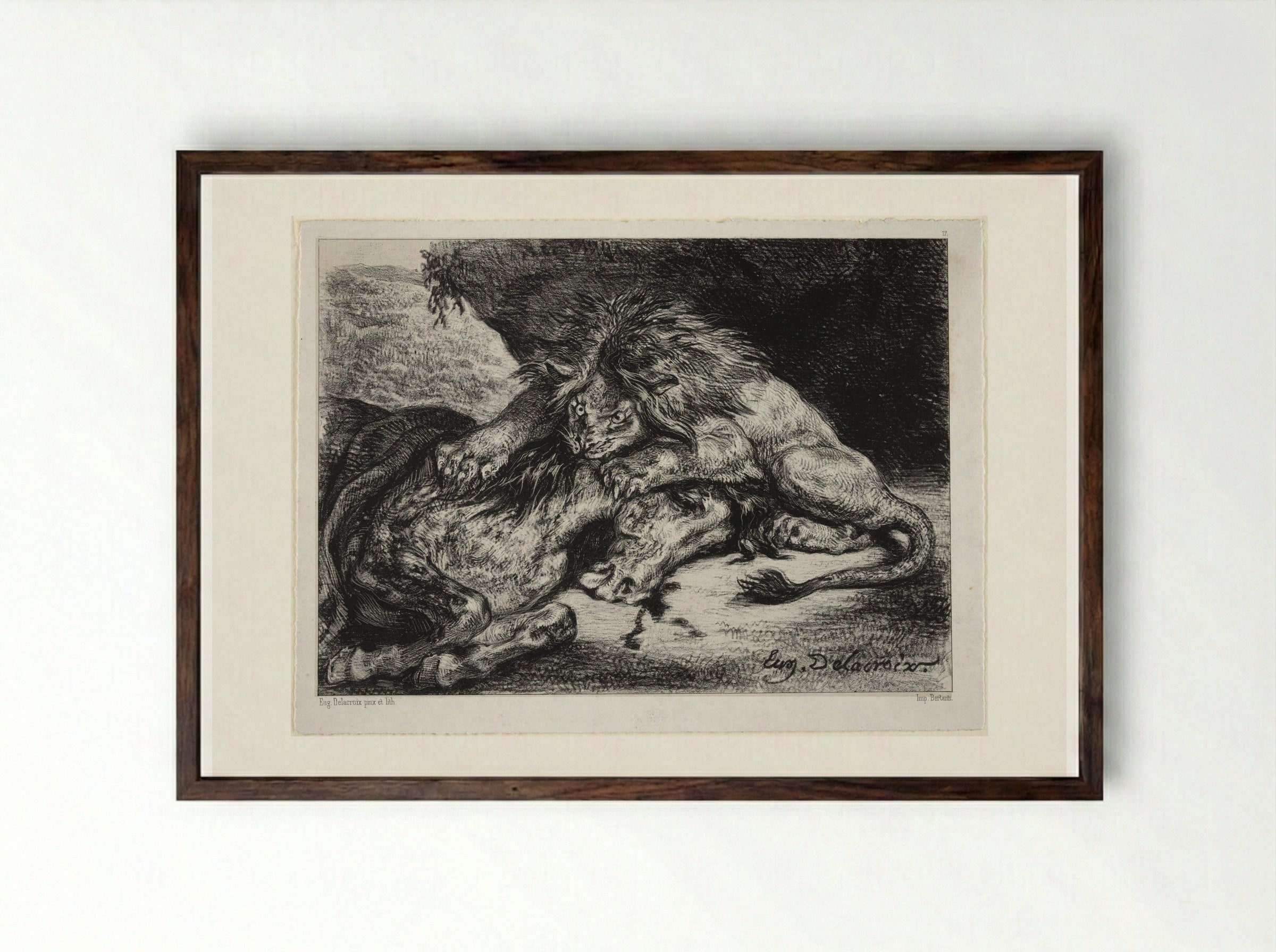 Lion Devouring a Horse - Ferdinand-Victor-Eugène Delacroix - Framed Print Dark Wood