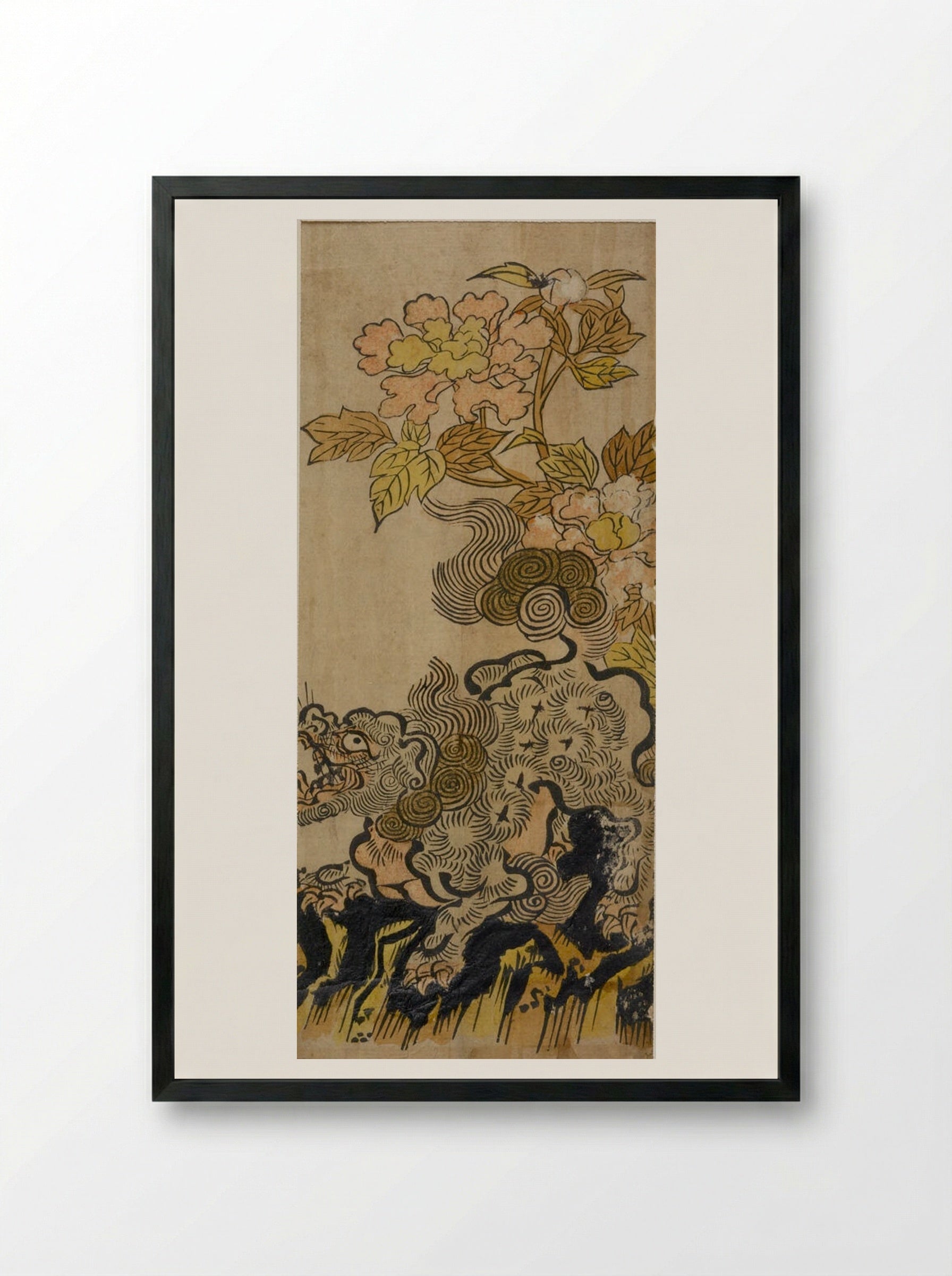 Lion and Peonies - Okumura Masanobu - Framed Print Black