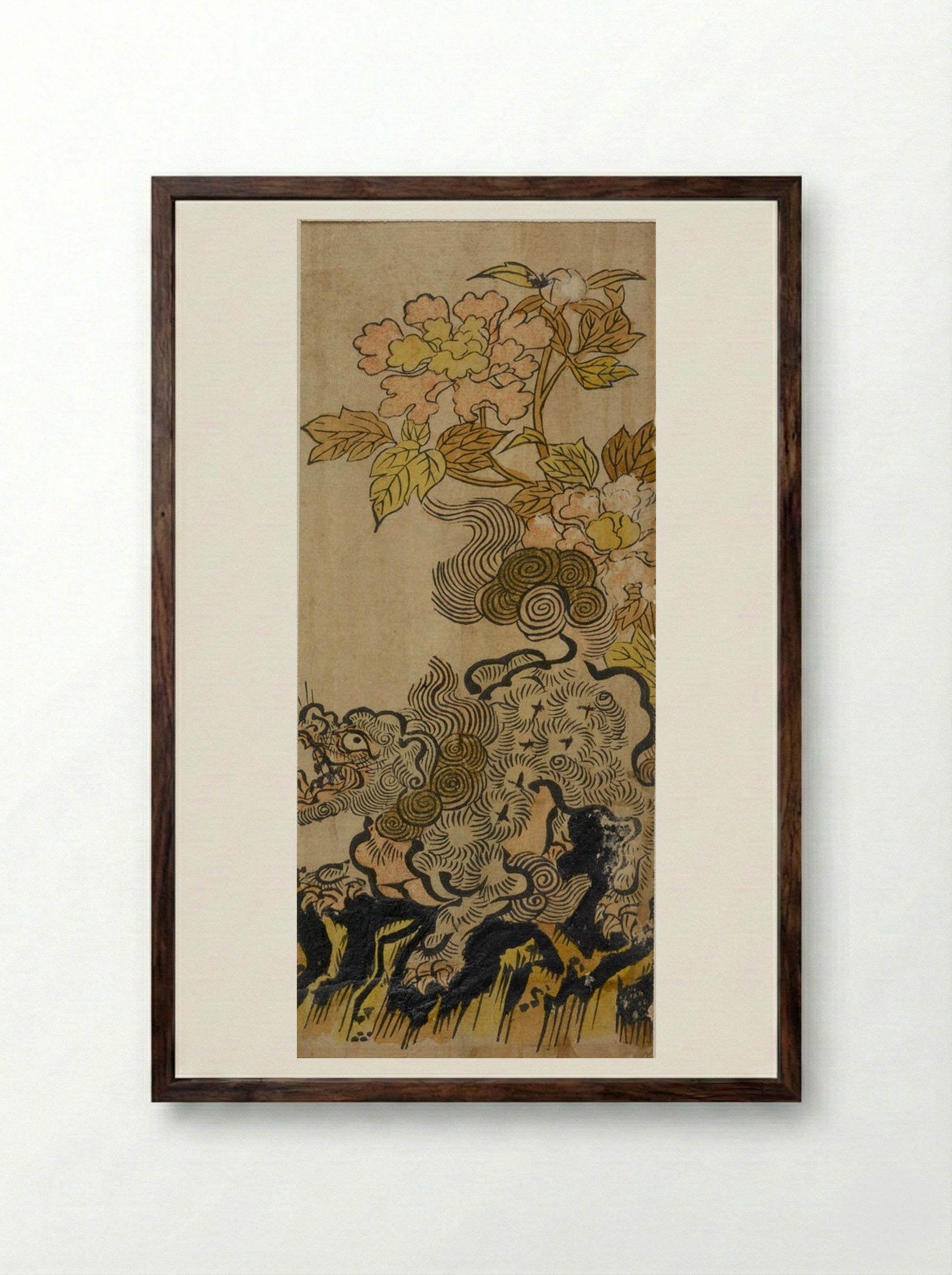 Lion and Peonies - Okumura Masanobu - Framed Print Dark Wood