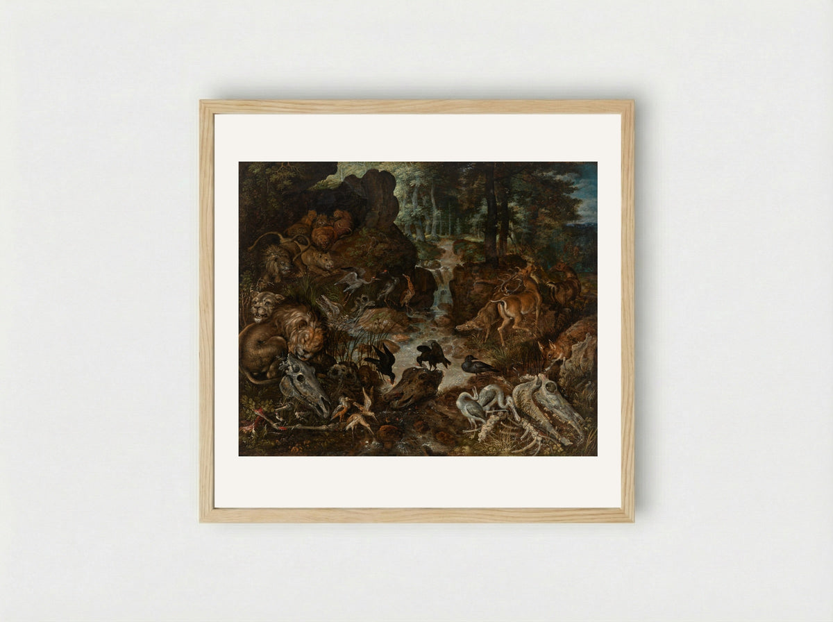Lions and Fox in a Rugged Landscape - Roelant Savery - Framed Print Wood