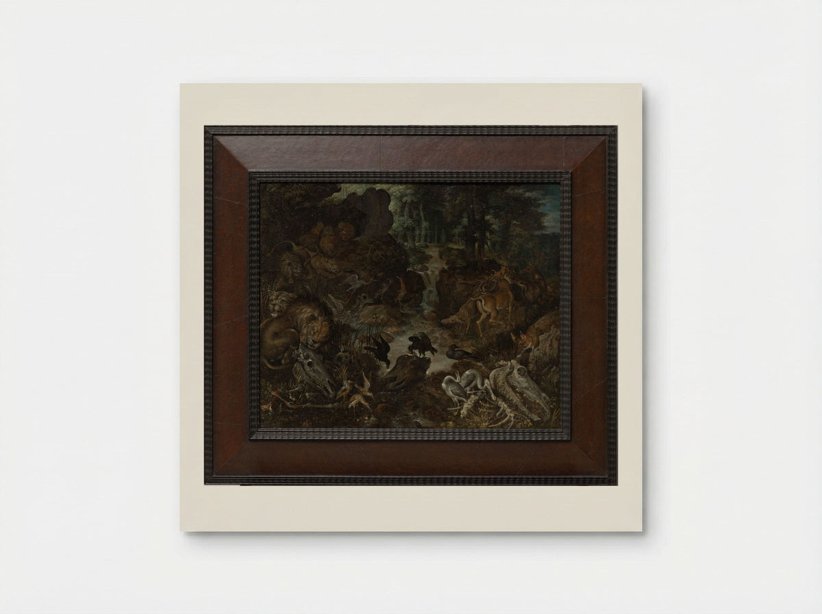 Lions and Fox in a Rugged Landscape - Roelant Savery - Poster