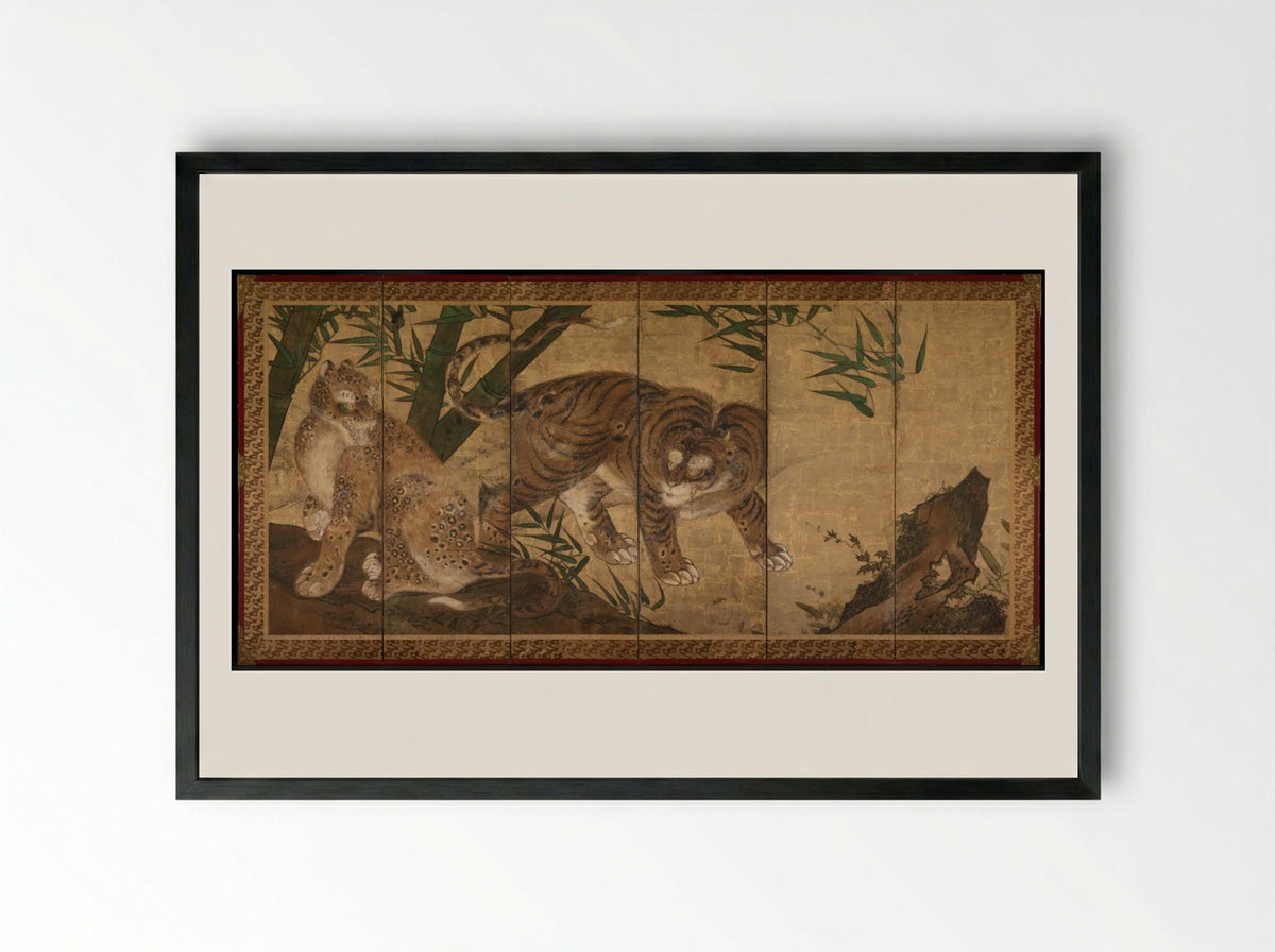 Lions and Tigers in Peony and Bamboo - Yamaguchi Sekkei - Framed Print Black