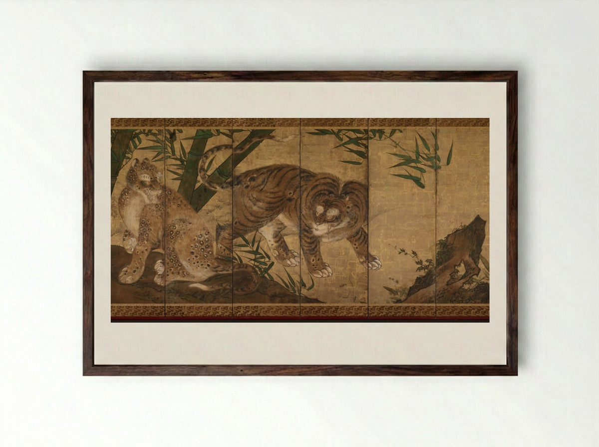 Lions and Tigers in Peony and Bamboo - Yamaguchi Sekkei - Framed Print Dark Wood