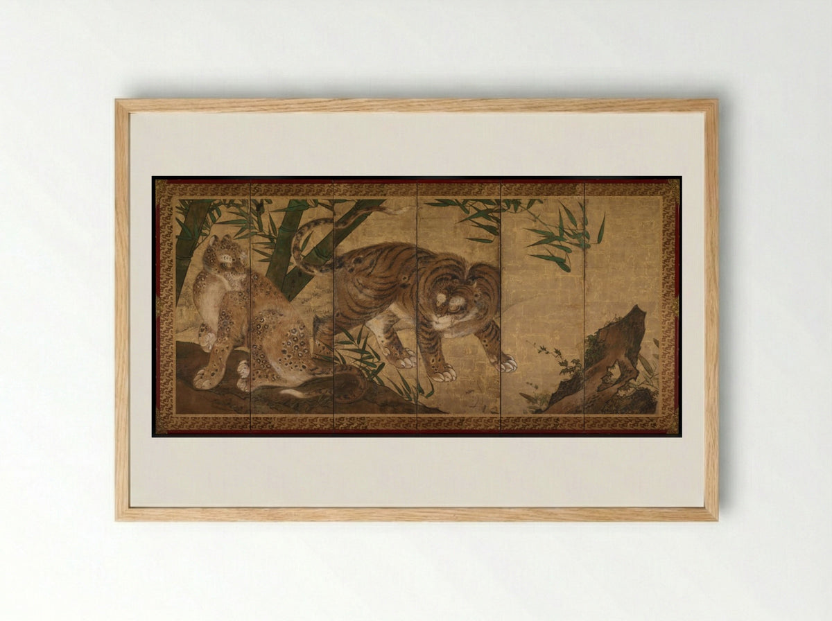 Lions and Tigers in Peony and Bamboo - Yamaguchi Sekkei - Framed Print Wood