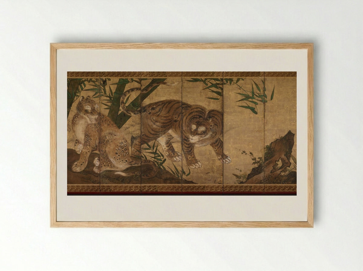 Lions and Tigers in Peony and Bamboo - Yamaguchi Sekkei - Framed Print Wood