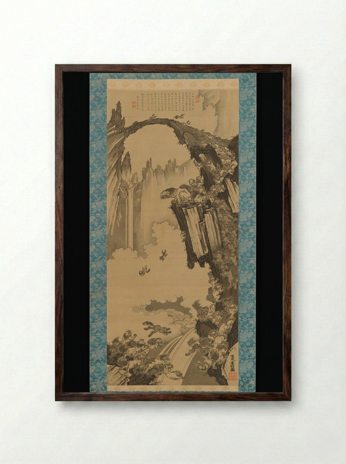 Lions at the Stone Bridge of Mount Tiantai - Soga Shōhaku - Framed Print Dark Wood