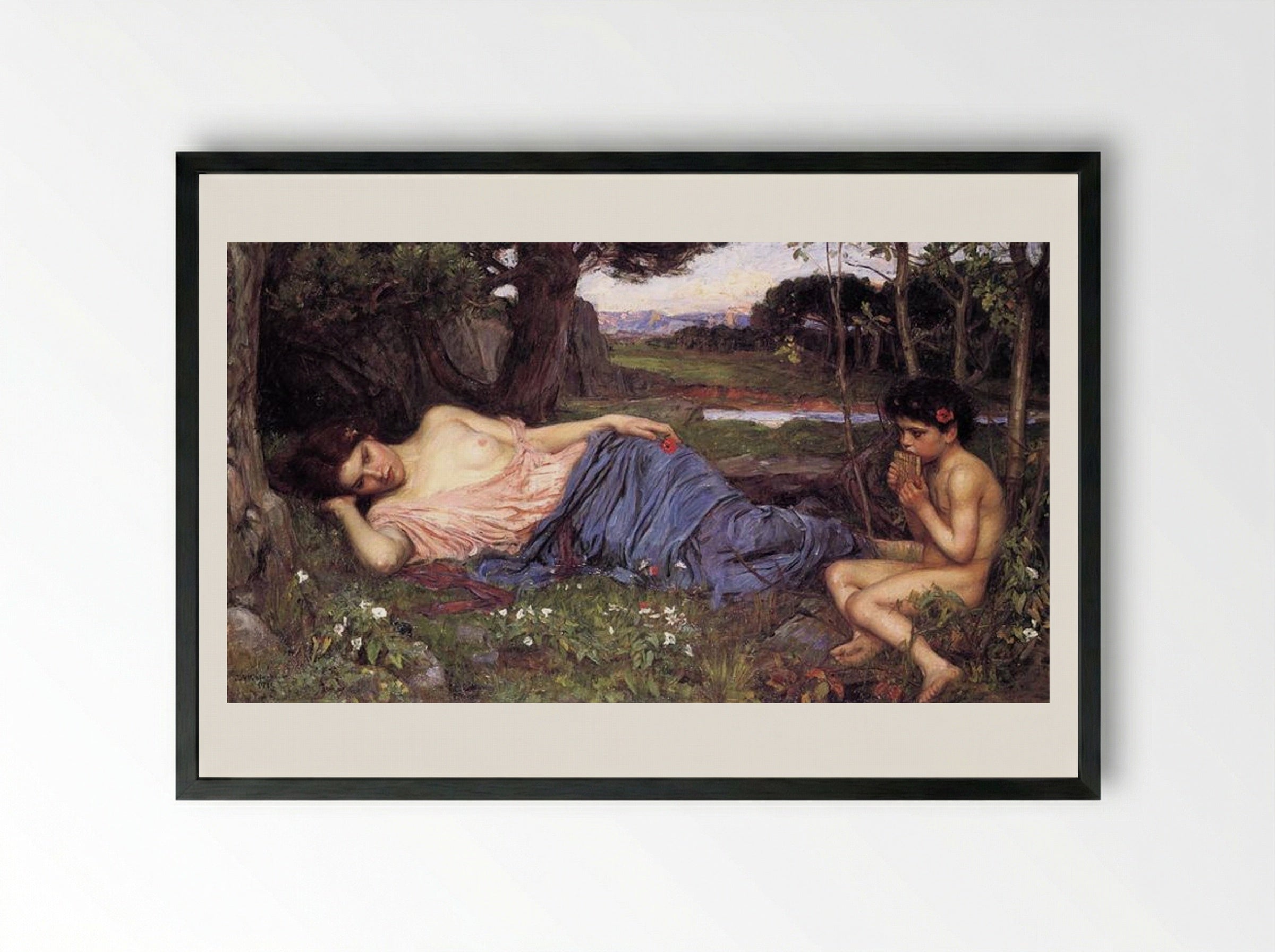 Listen to my Sweet Pipings - John William Waterhouse - Framed Print Black