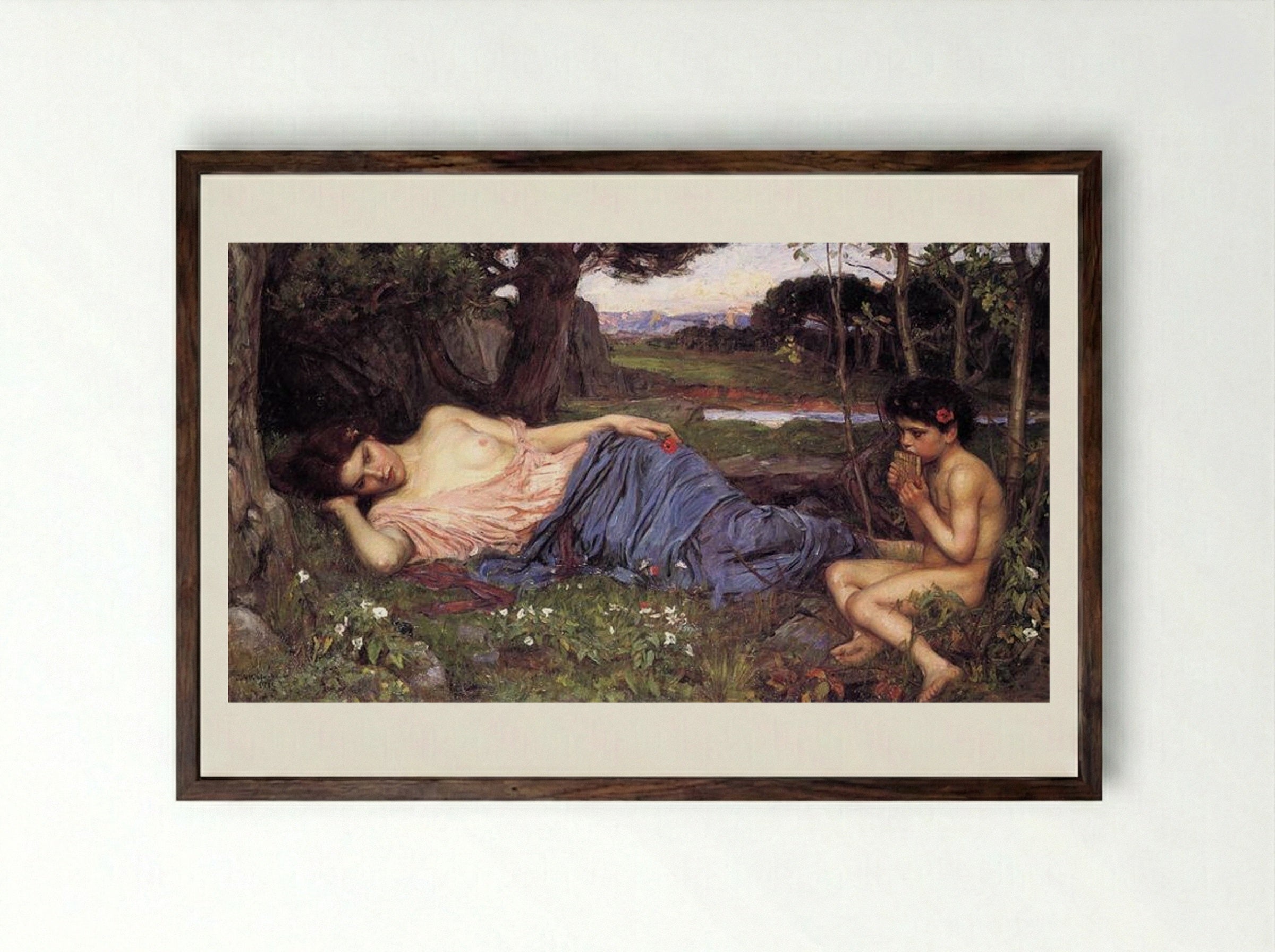 Listen to my Sweet Pipings - John William Waterhouse - Framed Print Dark Wood