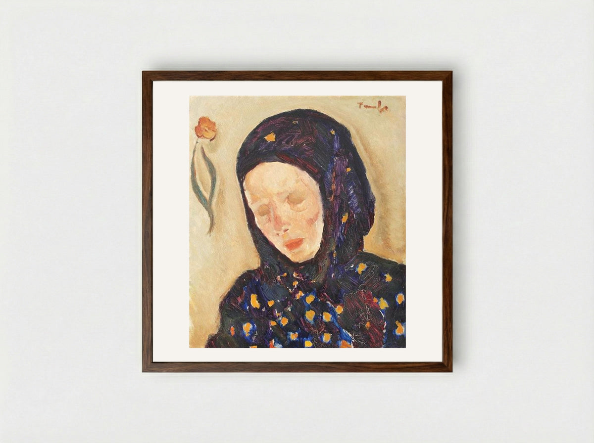 Little Girl With Flowery Headscarf - Nicolae Tonitza - Framed Print Dark Wood
