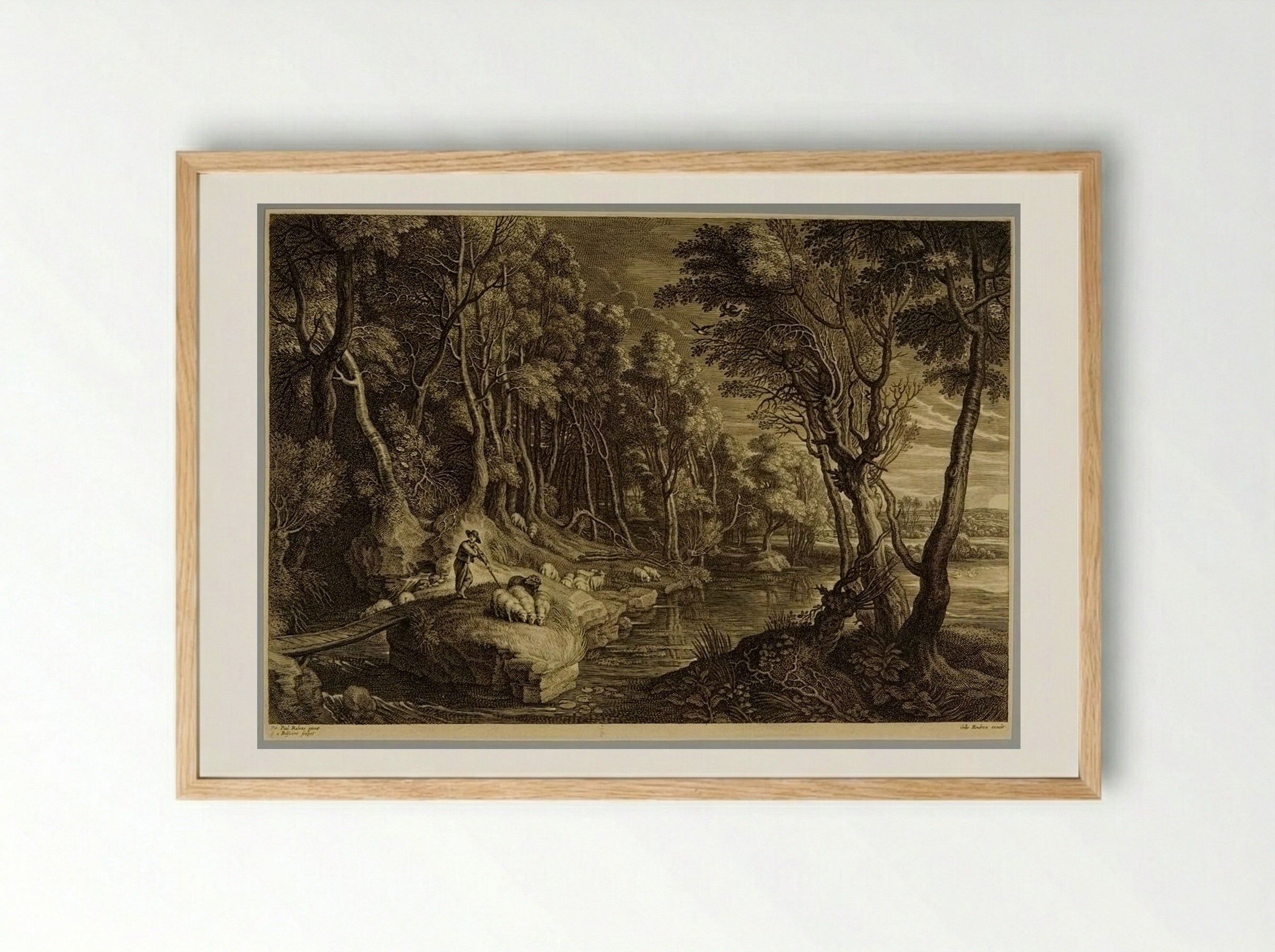 Little Wooden Bridge and Shepherd Tending Sheep - Schelte Adamsz. Bolswert - Framed Print Wood