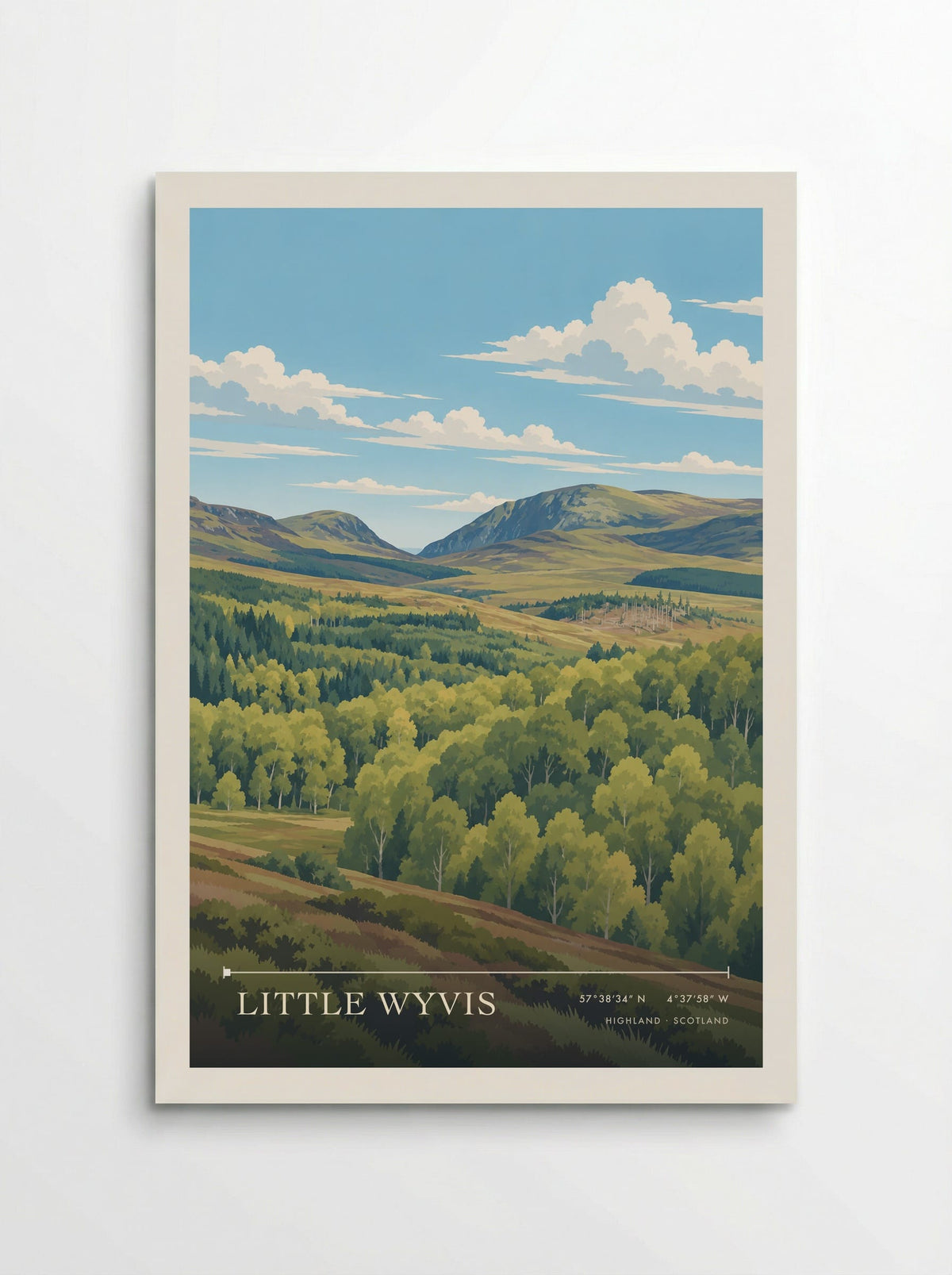 Little Wyvis, Highland travel poster: leafy birches, dark conifers and rounded rocky hills beneath thin white clouds in bright summer light