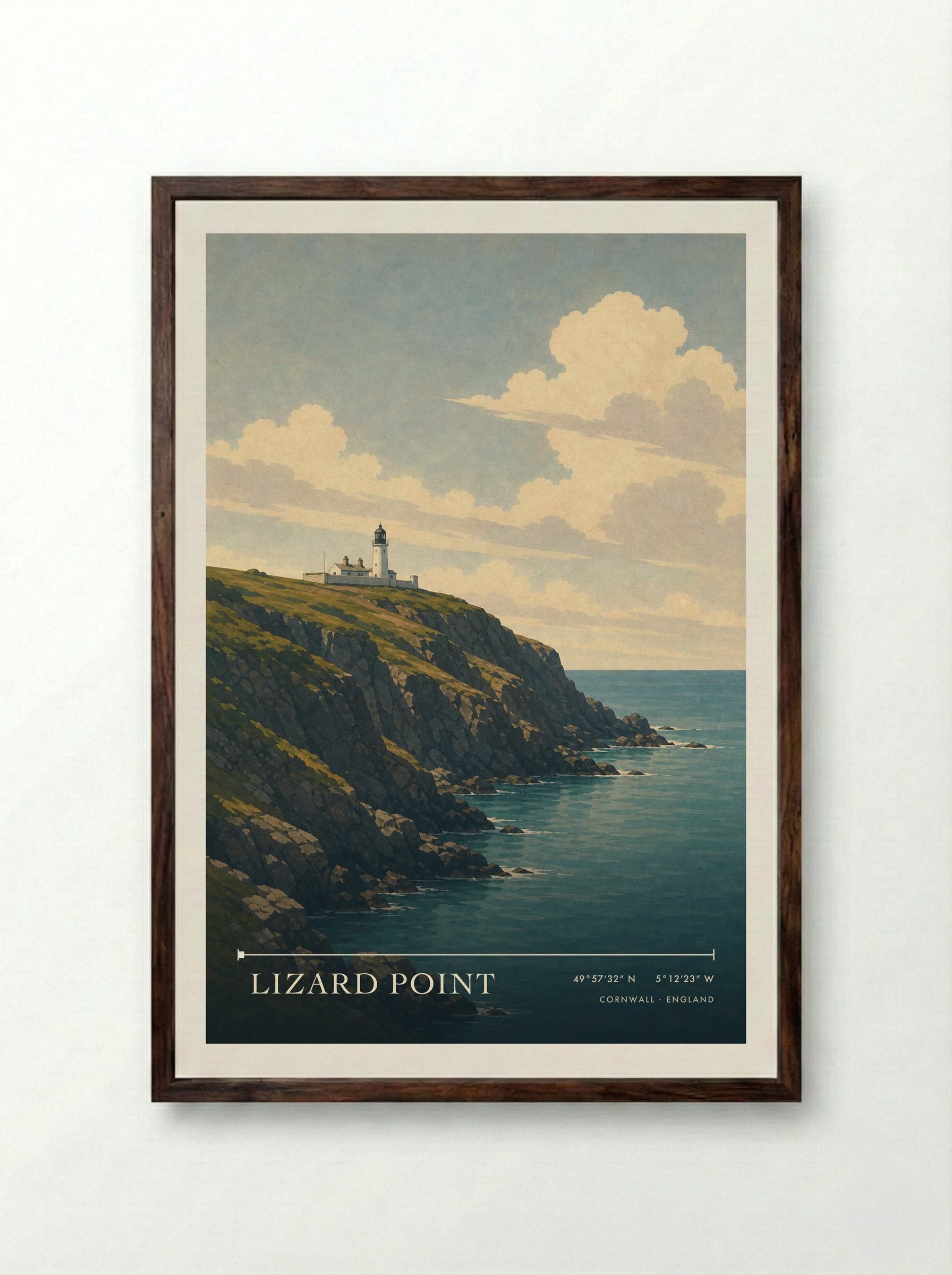 Lizard Point Cornwall England Travel Poster - Framed Print Dark Wood
