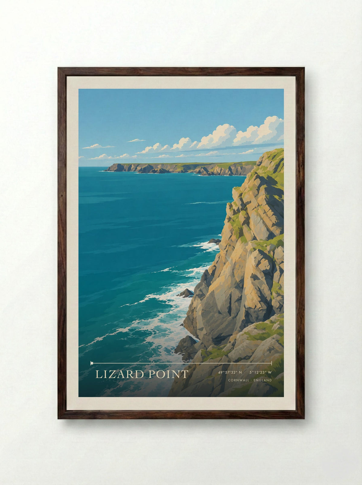 Lizard Point, Cornwall | Travel Poster - Framed Print Dark Wood