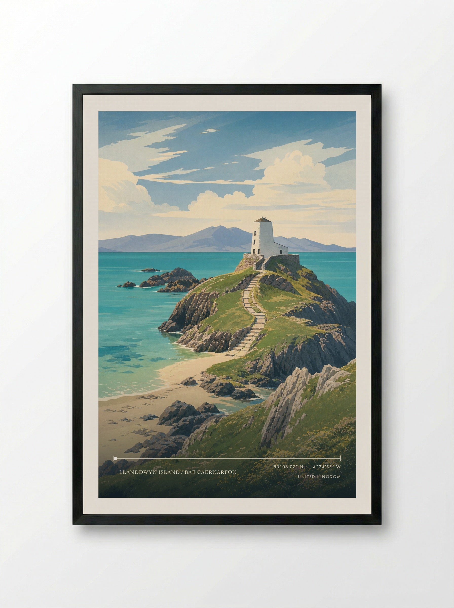 Llanddwyn Island / Bae Caernarfon United Kingdom Travel Poster - Framed Print Black
