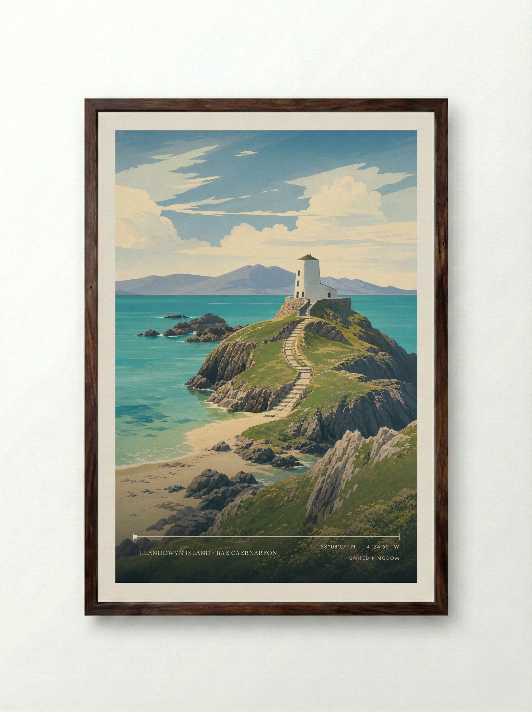 Llanddwyn Island / Bae Caernarfon United Kingdom Travel Poster - Framed Print Dark Wood