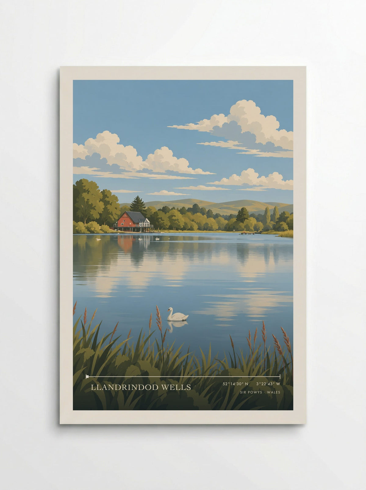 Llandrindod Wells, Sir Powys travel poster: a white swan on the town lake, a red lakeside boathouse and leafy hills in the soft light of a summer afternoo