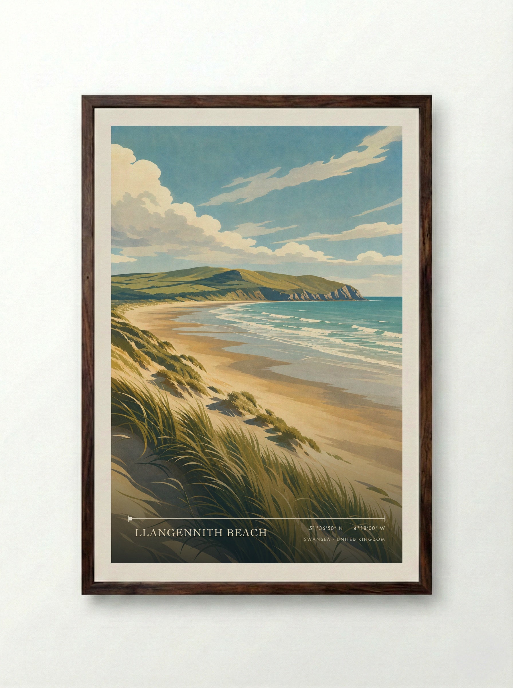 Llangennith Beach Swansea United Kingdom Travel Poster - Framed Print Dark Wood