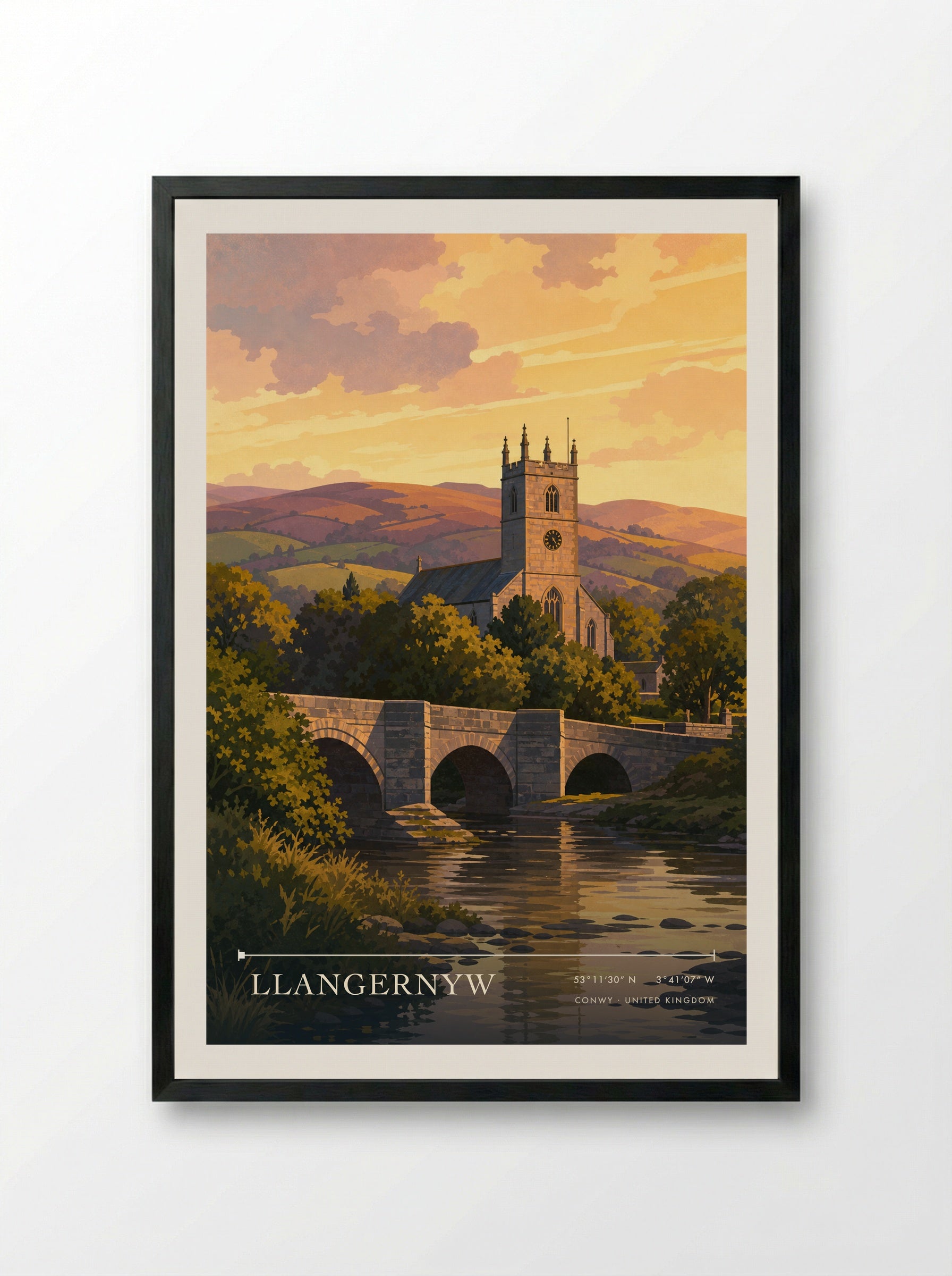 Llangernyw Conwy United Kingdom Travel Poster - Framed Print Black