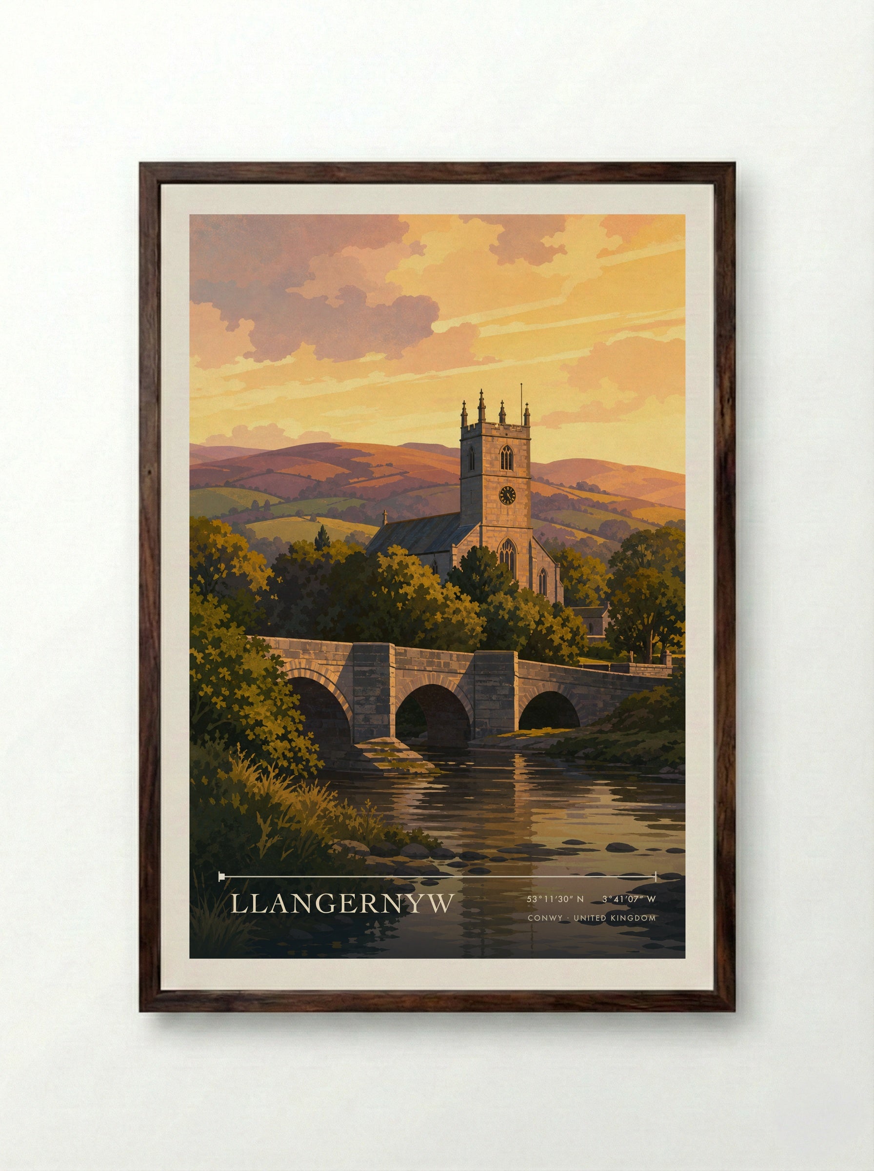 Llangernyw Conwy United Kingdom Travel Poster - Framed Print Dark Wood