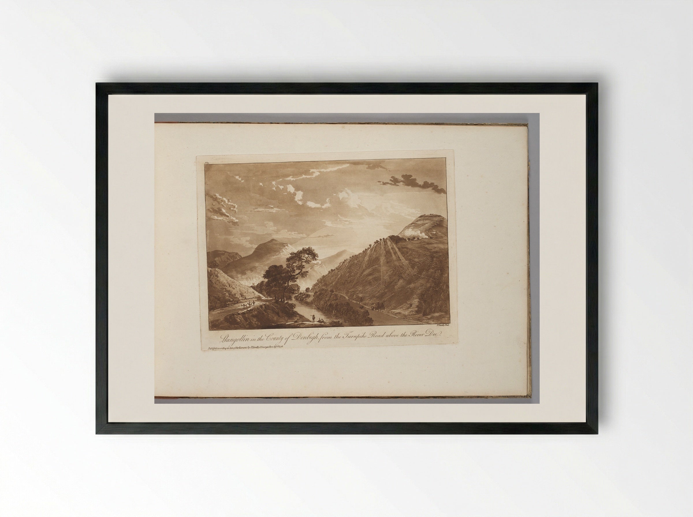 Llangollen in the County of Denbigh, from the Turnpike Road Above the River Dee - Paul Sandby - Framed Print Black