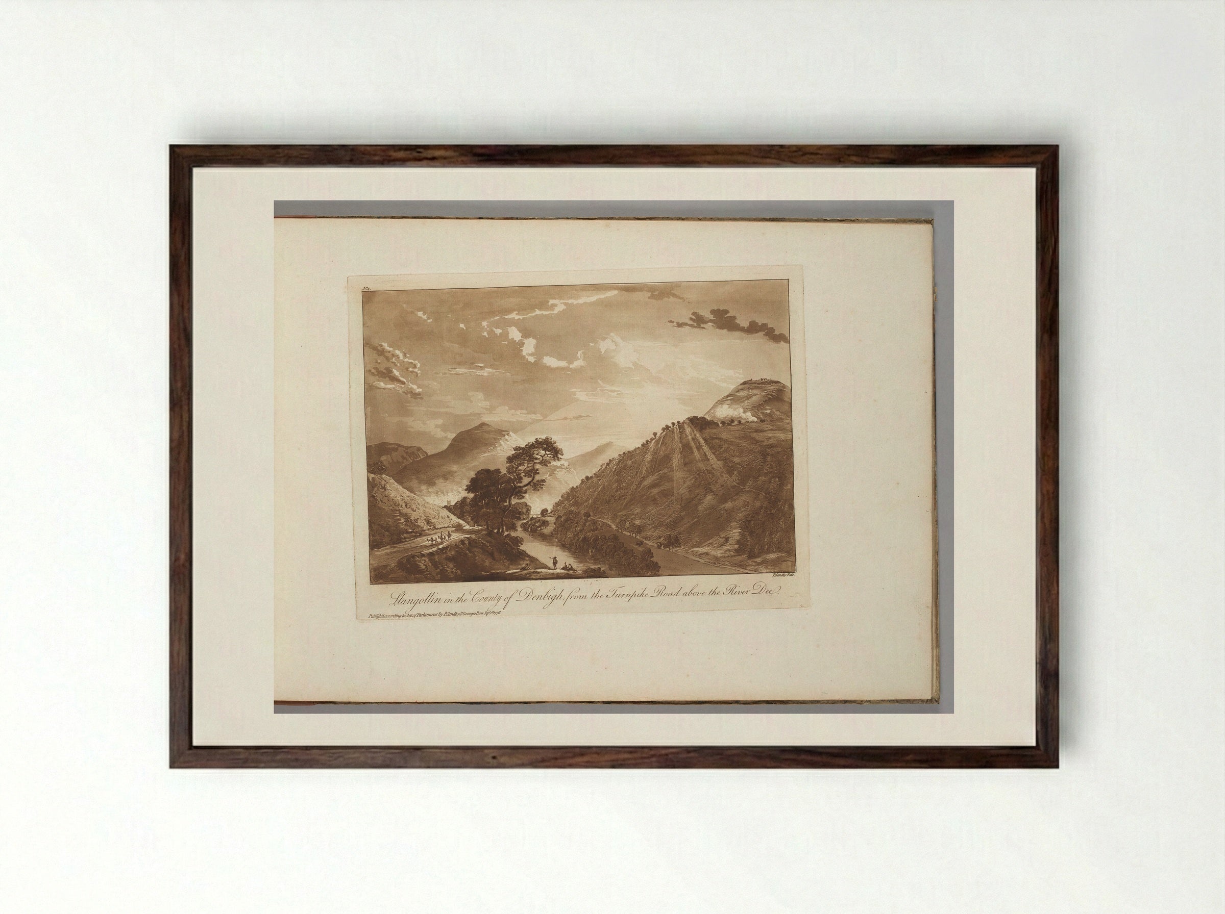 Llangollen in the County of Denbigh, from the Turnpike Road Above the River Dee - Paul Sandby - Framed Print Dark Wood
