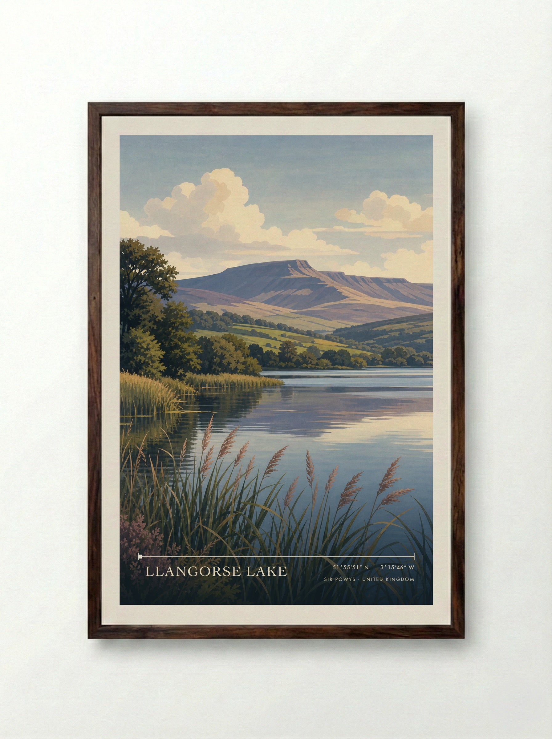 Llangorse Lake Sir Powys United Kingdom Travel Poster - Framed Print Dark Wood