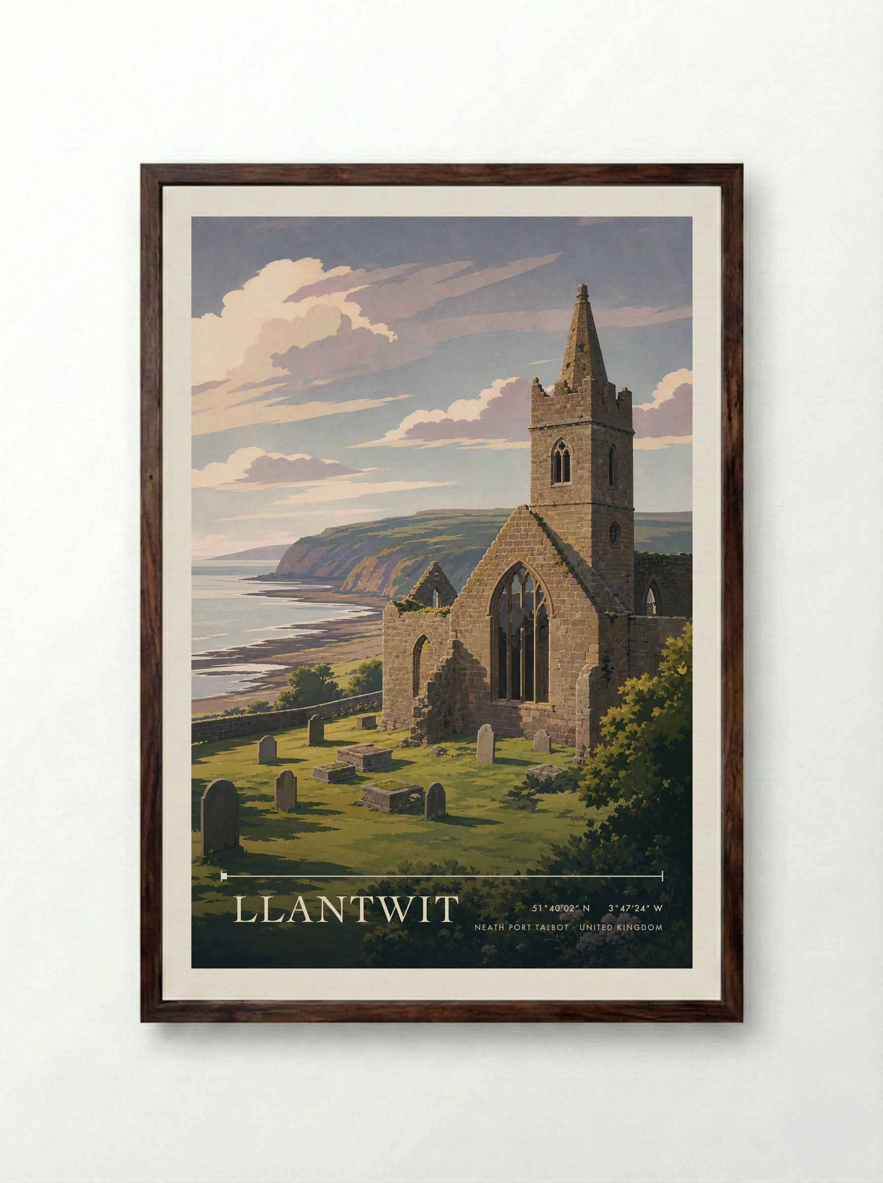 Llantwit Neath Port Talbot United Kingdom Travel Poster - Framed Print Dark Wood