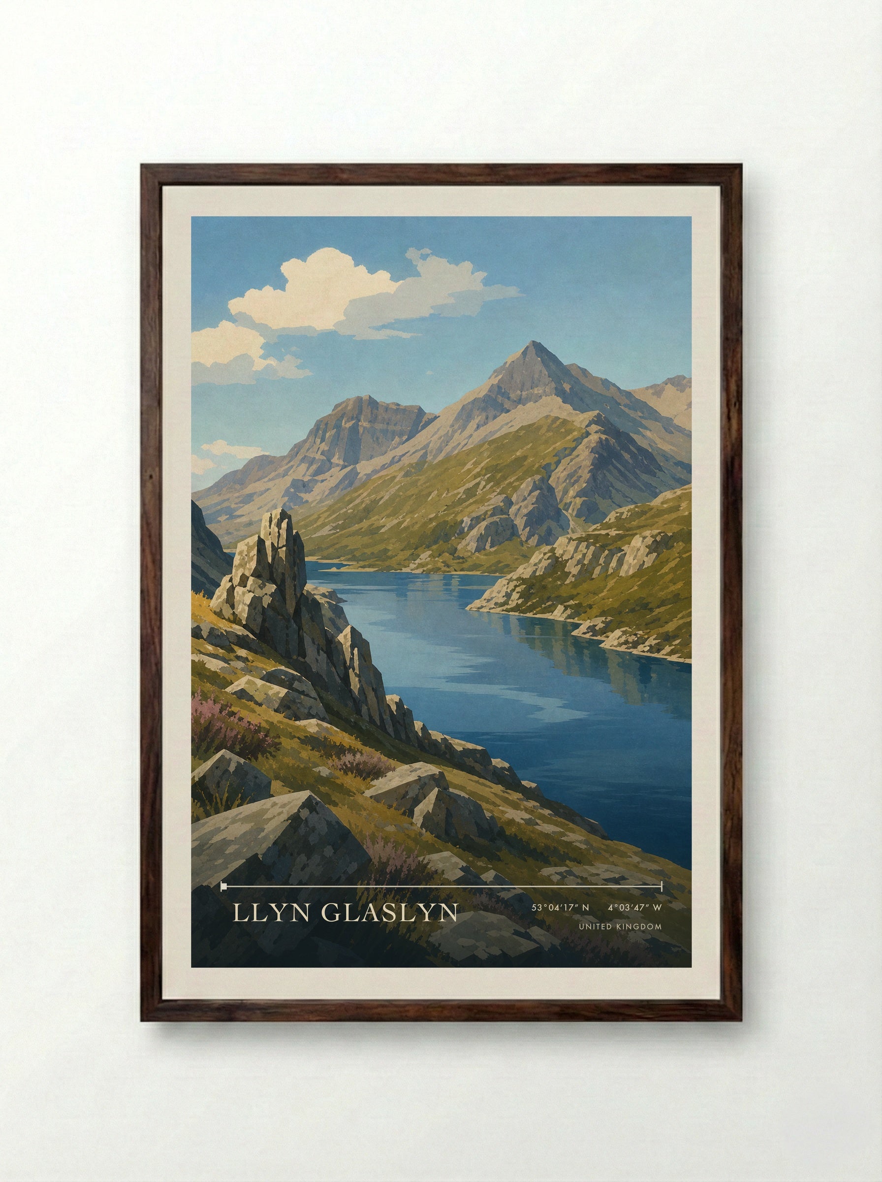 Llyn Glaslyn United Kingdom Travel Poster - Framed Print Dark Wood