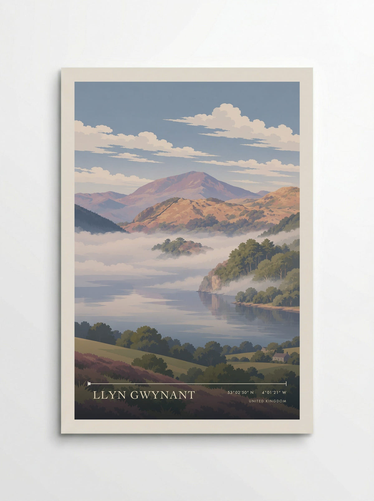 Llyn Gwynant travel poster: pale mist across blue-grey water, wooded shores and a purple mountain behind sunlit slopes and spring foliage