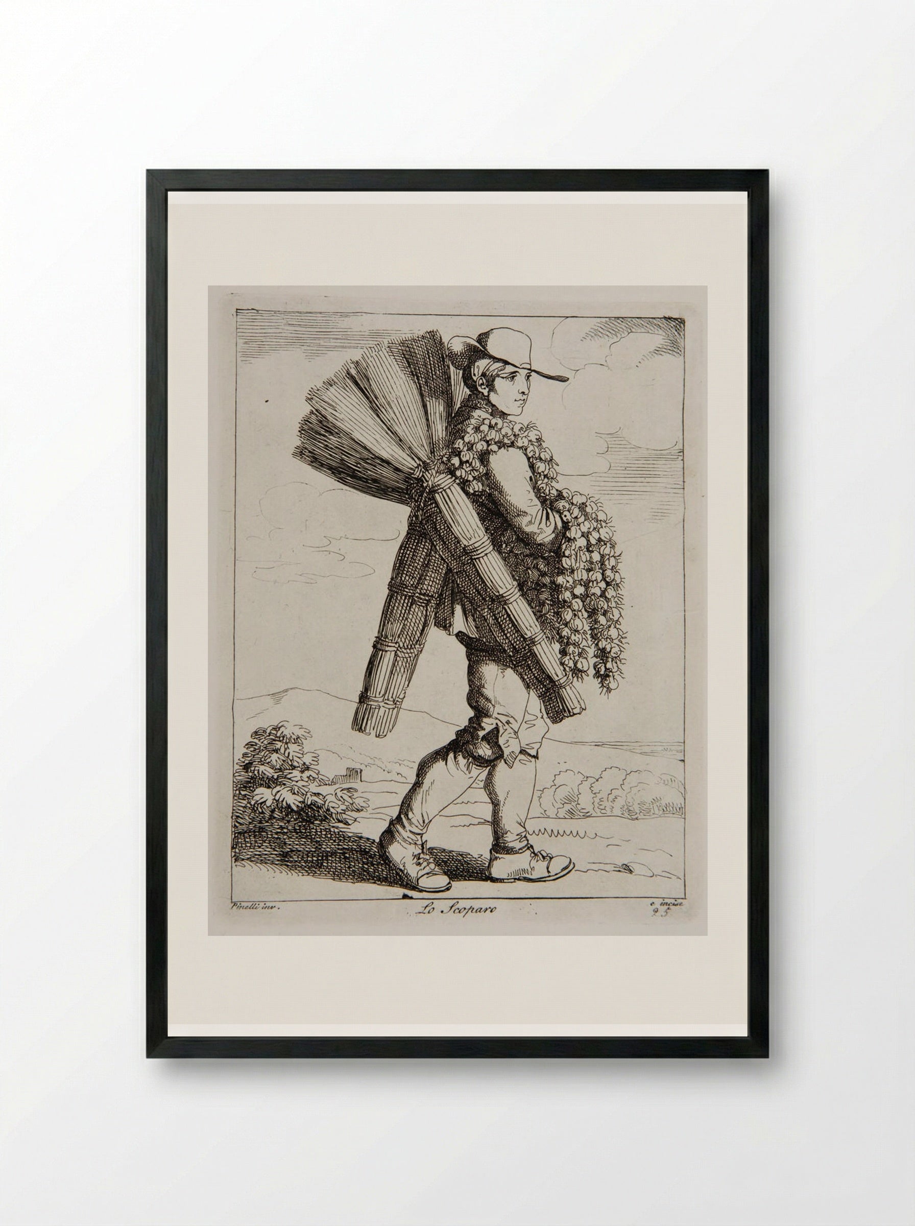 Lo Scoparo (The Sweeper) - Bartolomeo Pinelli - Framed Print Black