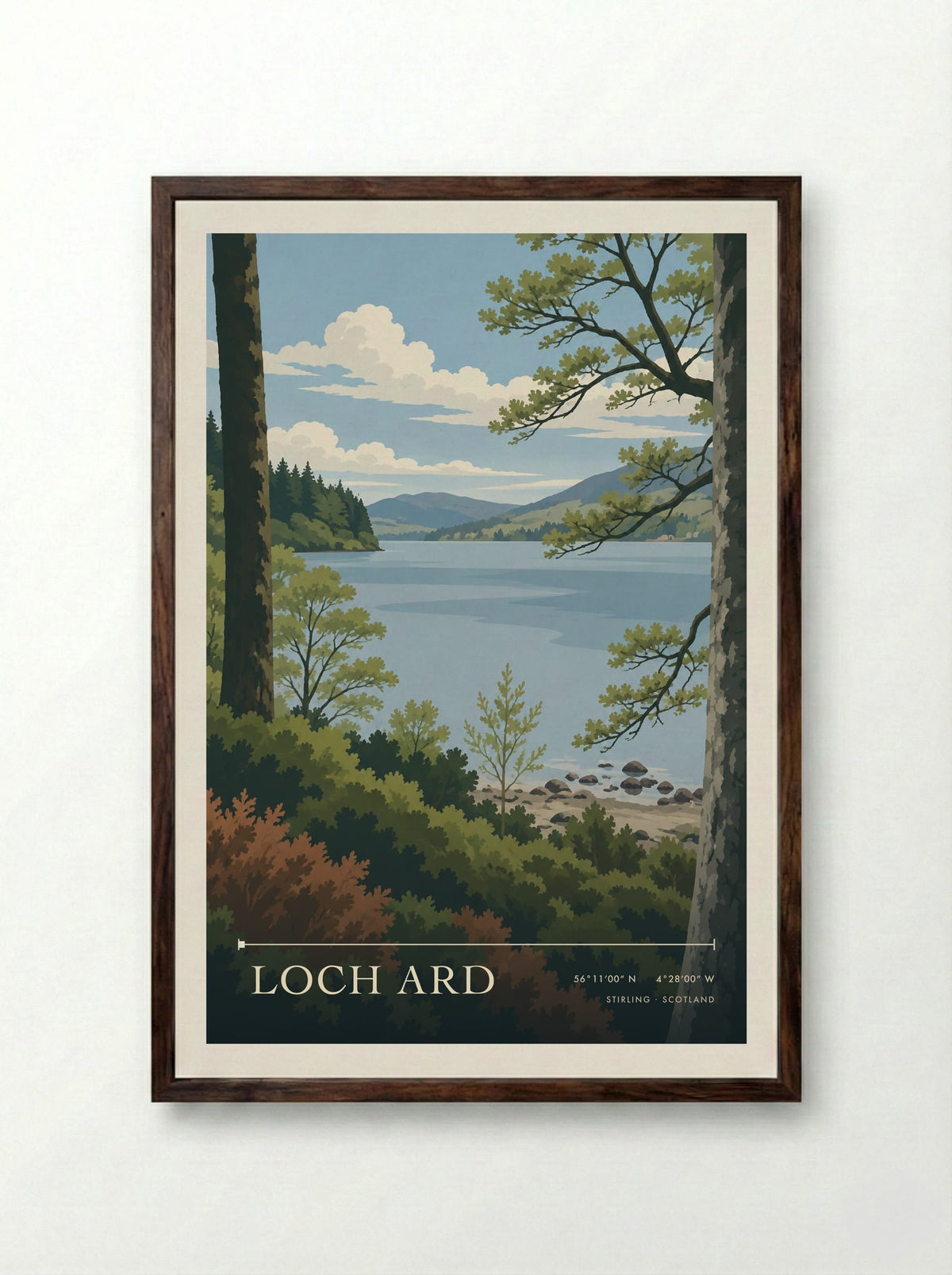 Loch Ard, Stirling | Travel Poster - Framed Print Dark Wood