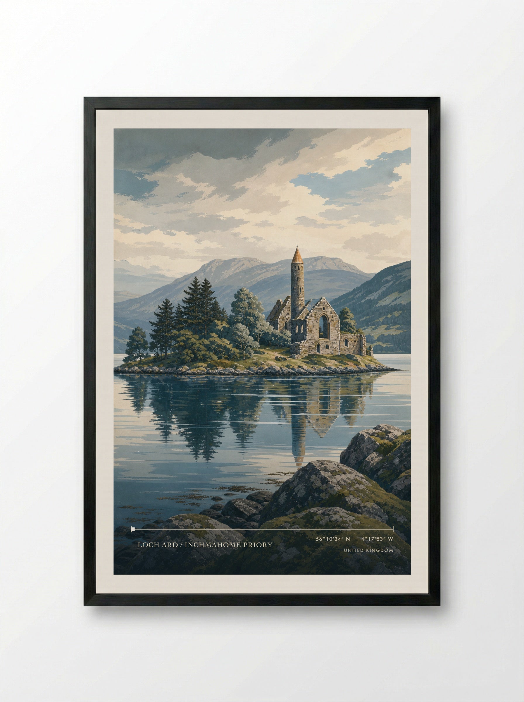 Loch Ard / Inchmahome Priory United Kingdom Travel Poster - Framed Print Black