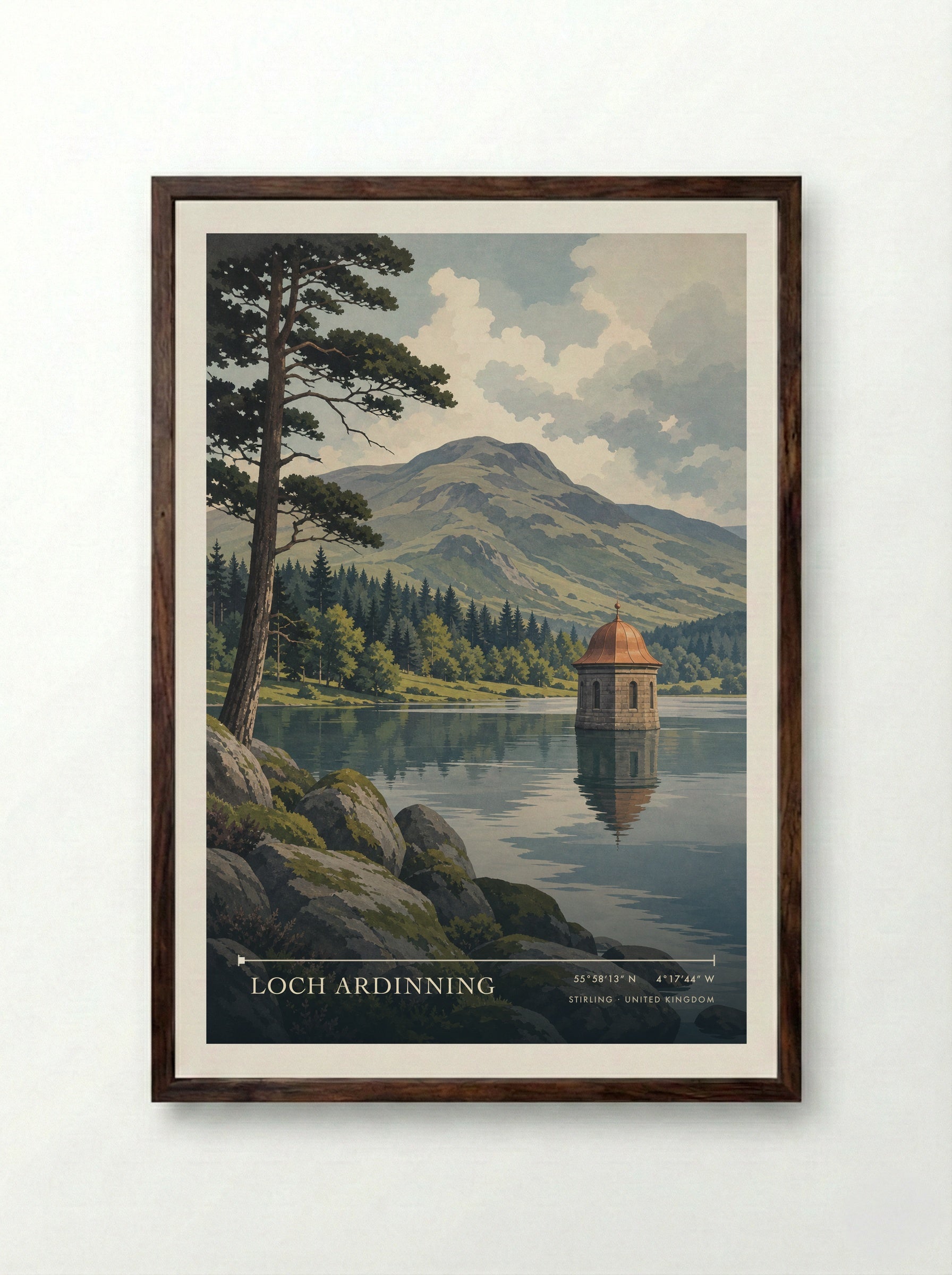 Loch Ardinning Stirling United Kingdom Travel Poster - Framed Print Dark Wood