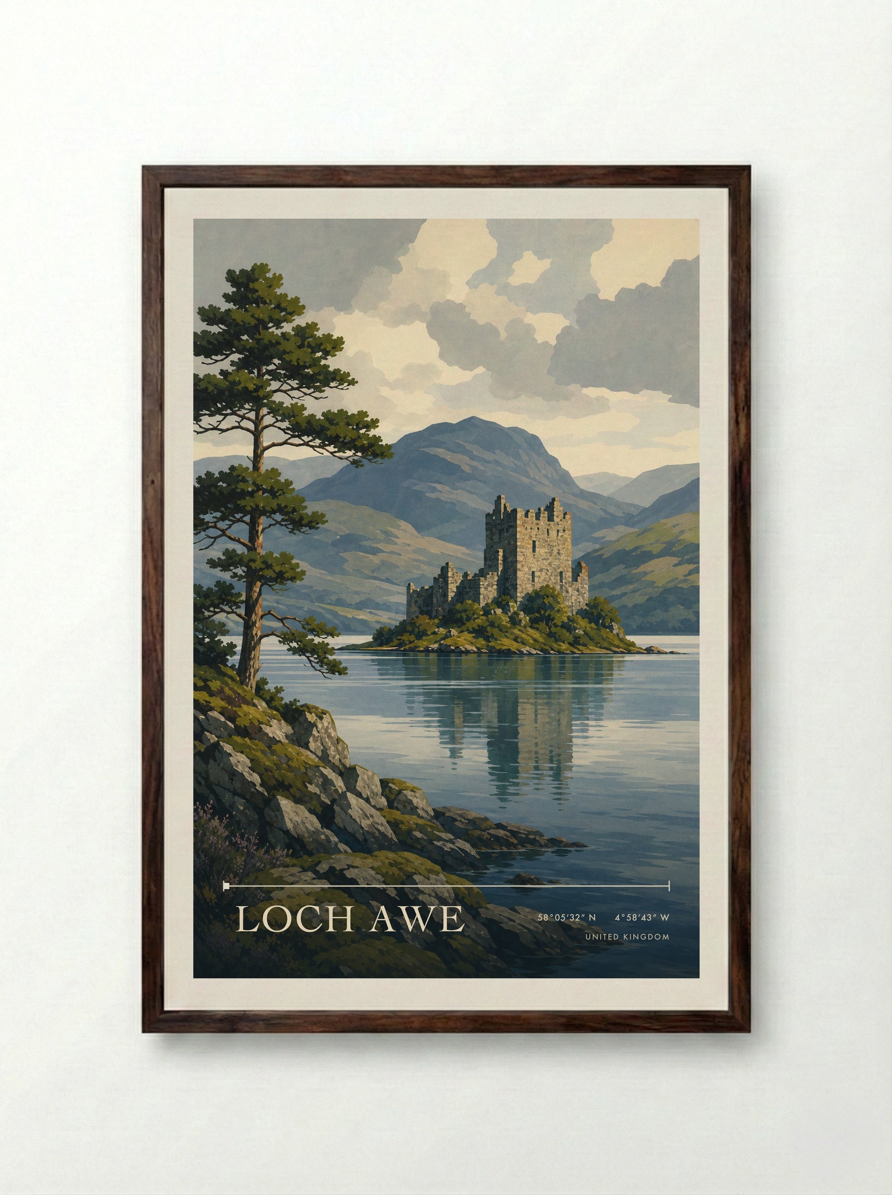 Loch Awe United Kingdom Travel Poster - Framed Print Dark Wood
