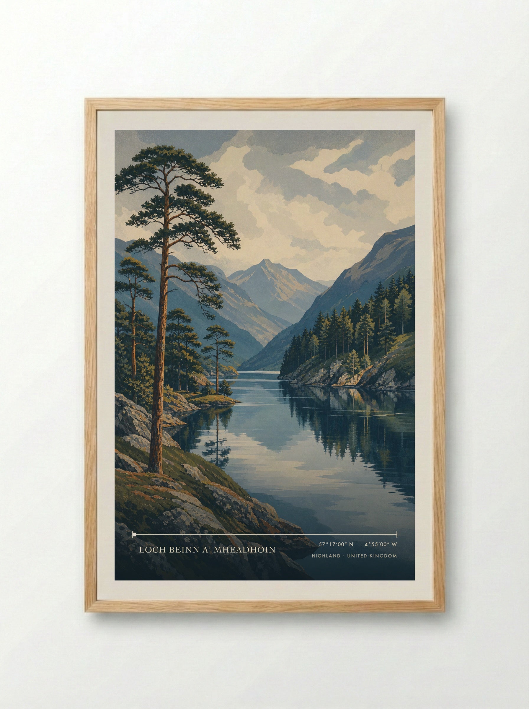 Loch Beinn a’ Mheadhoin Highland United Kingdom Travel Poster - Framed Print Wood