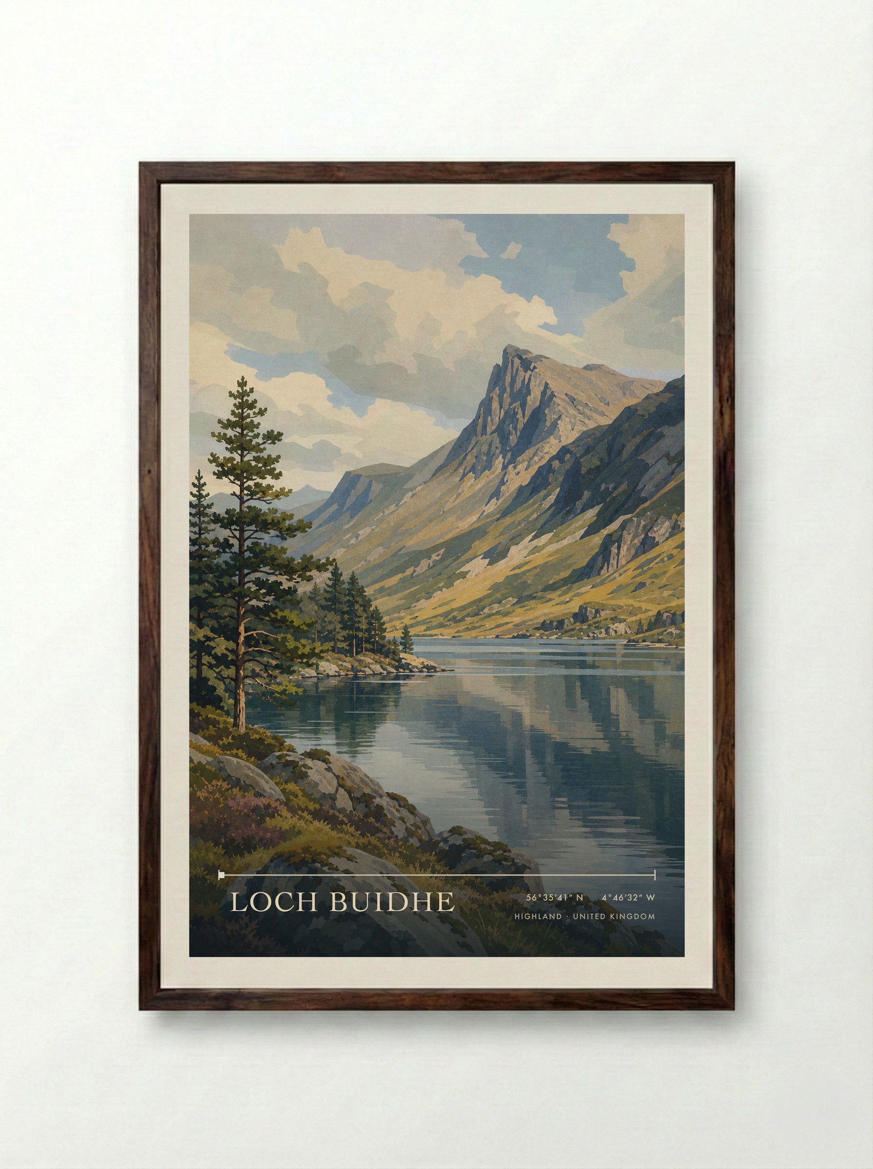 Loch Buidhe Highland United Kingdom Travel Poster - Framed Print Dark Wood