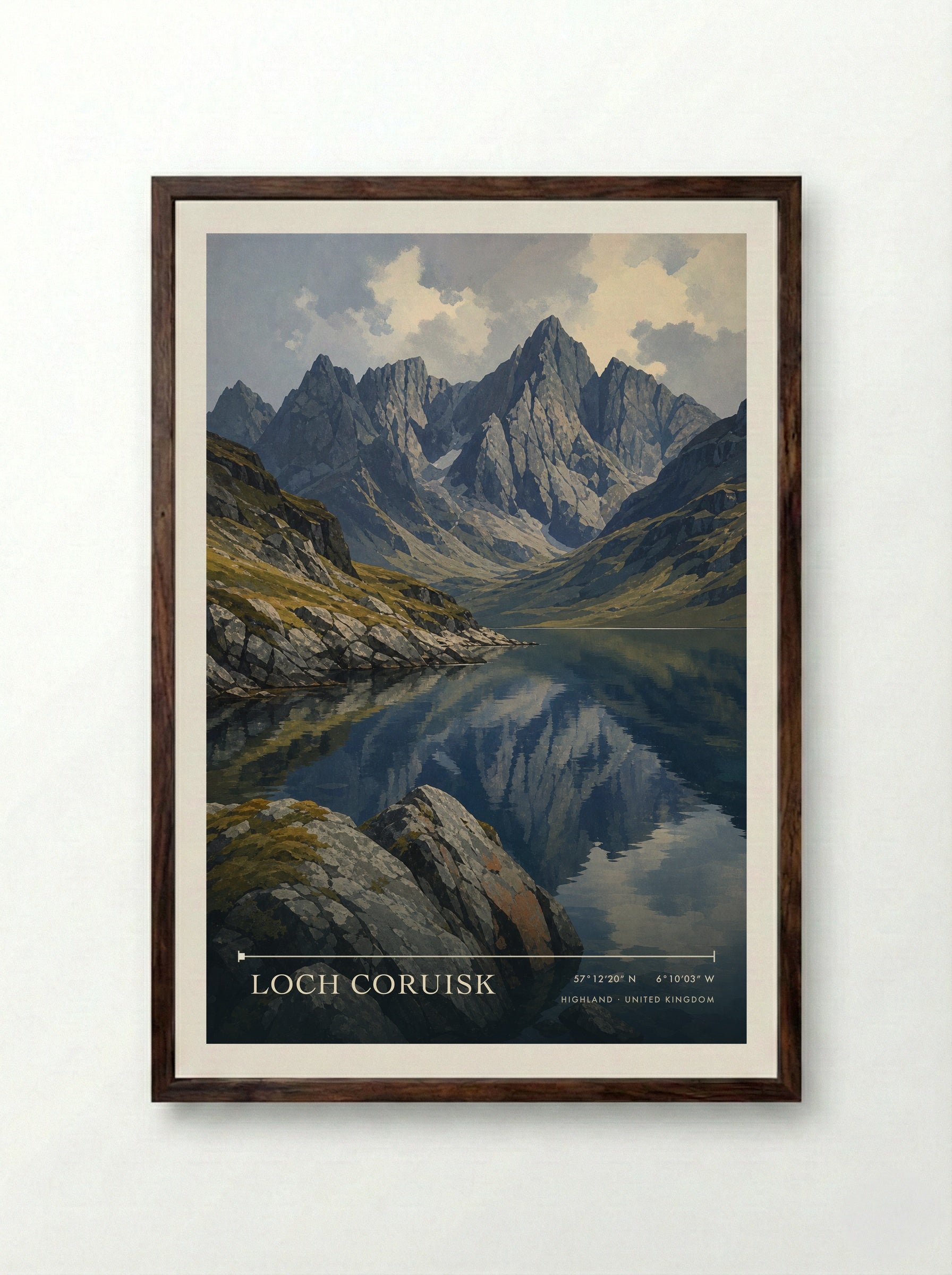 Loch Coruisk Highland United Kingdom Travel Poster - Framed Print Dark Wood