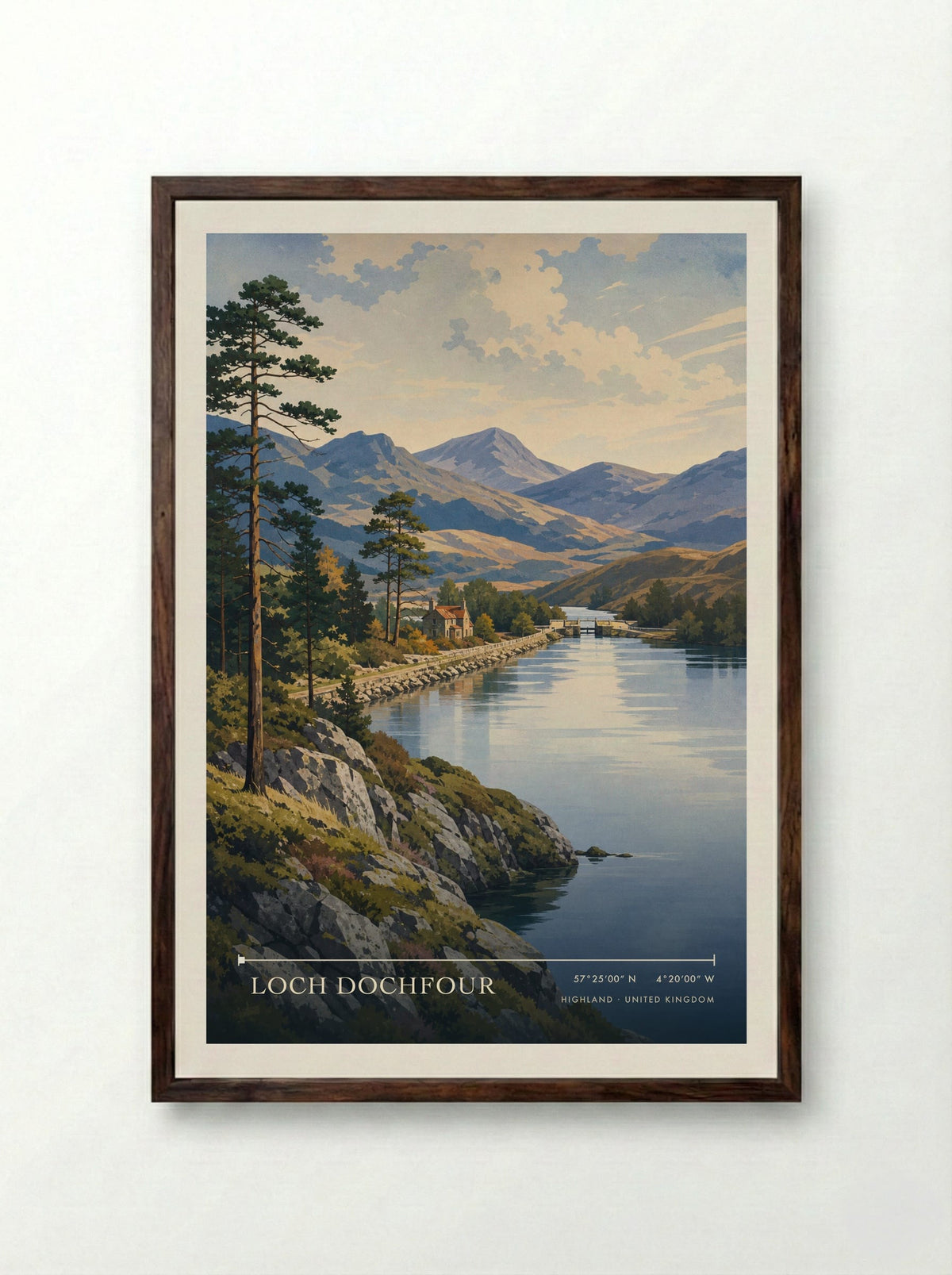 Loch Dochfour Highland United Kingdom Travel Poster - Framed Print Dark Wood