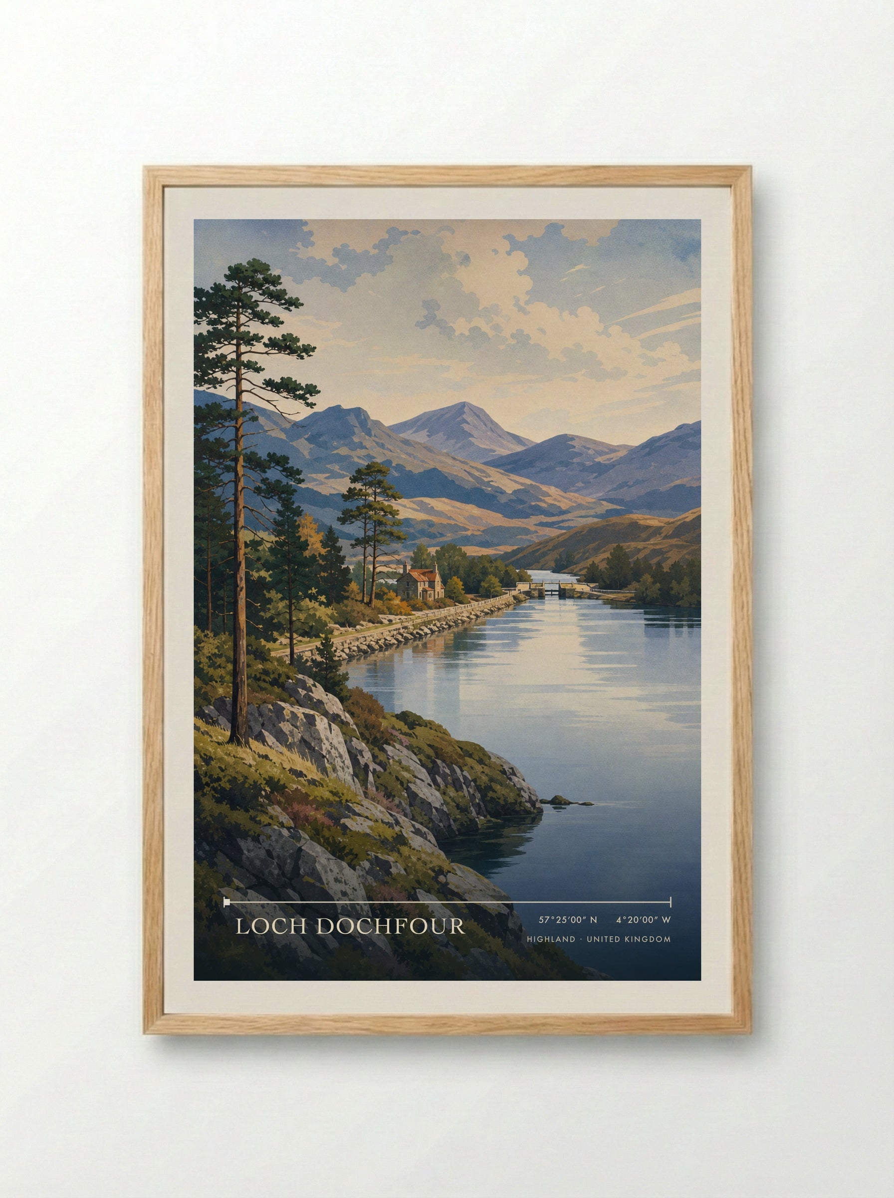 Loch Dochfour Highland United Kingdom Travel Poster - Framed Print Wood