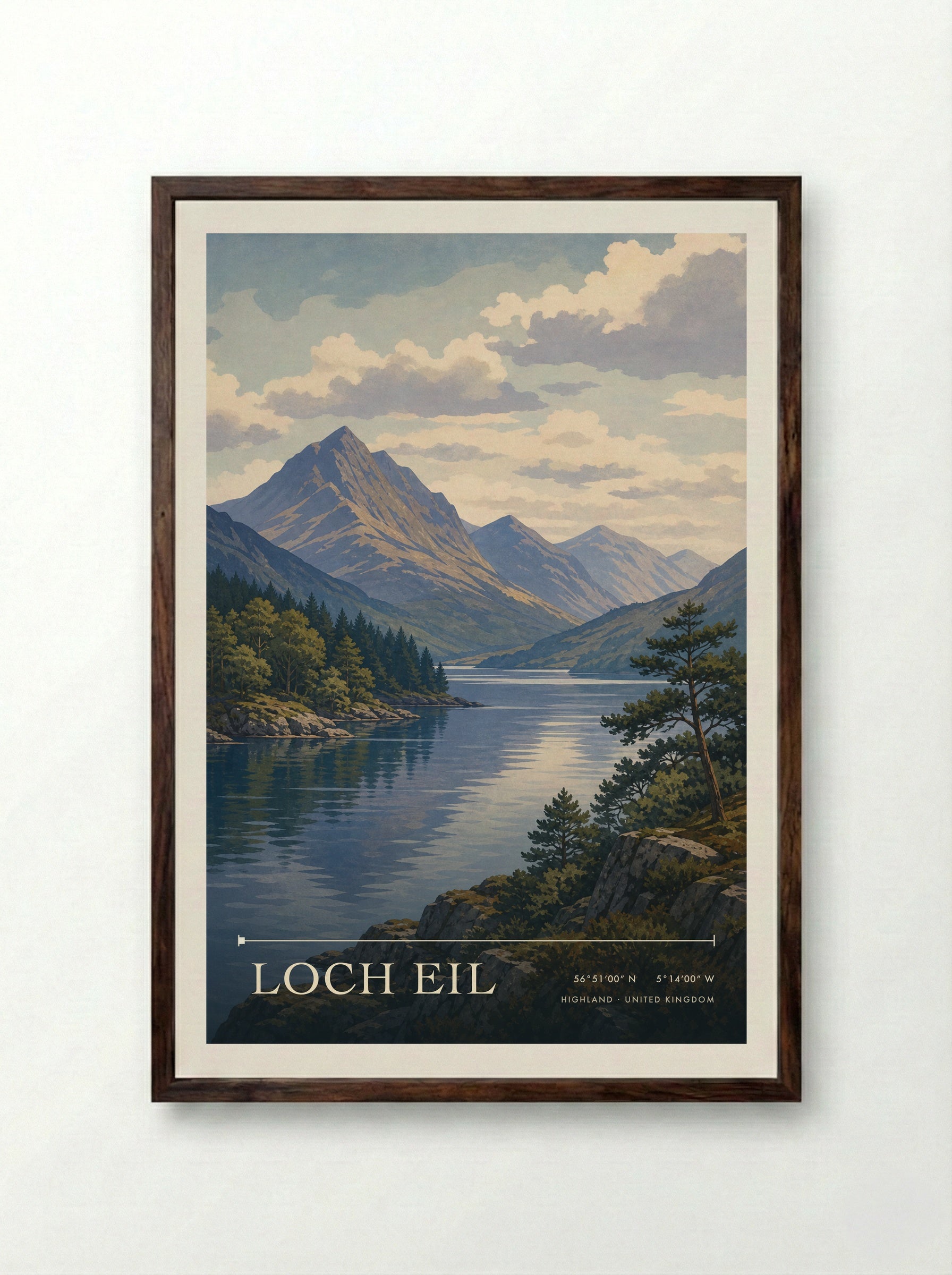 Loch Eil Highland United Kingdom Travel Poster - Framed Print Dark Wood