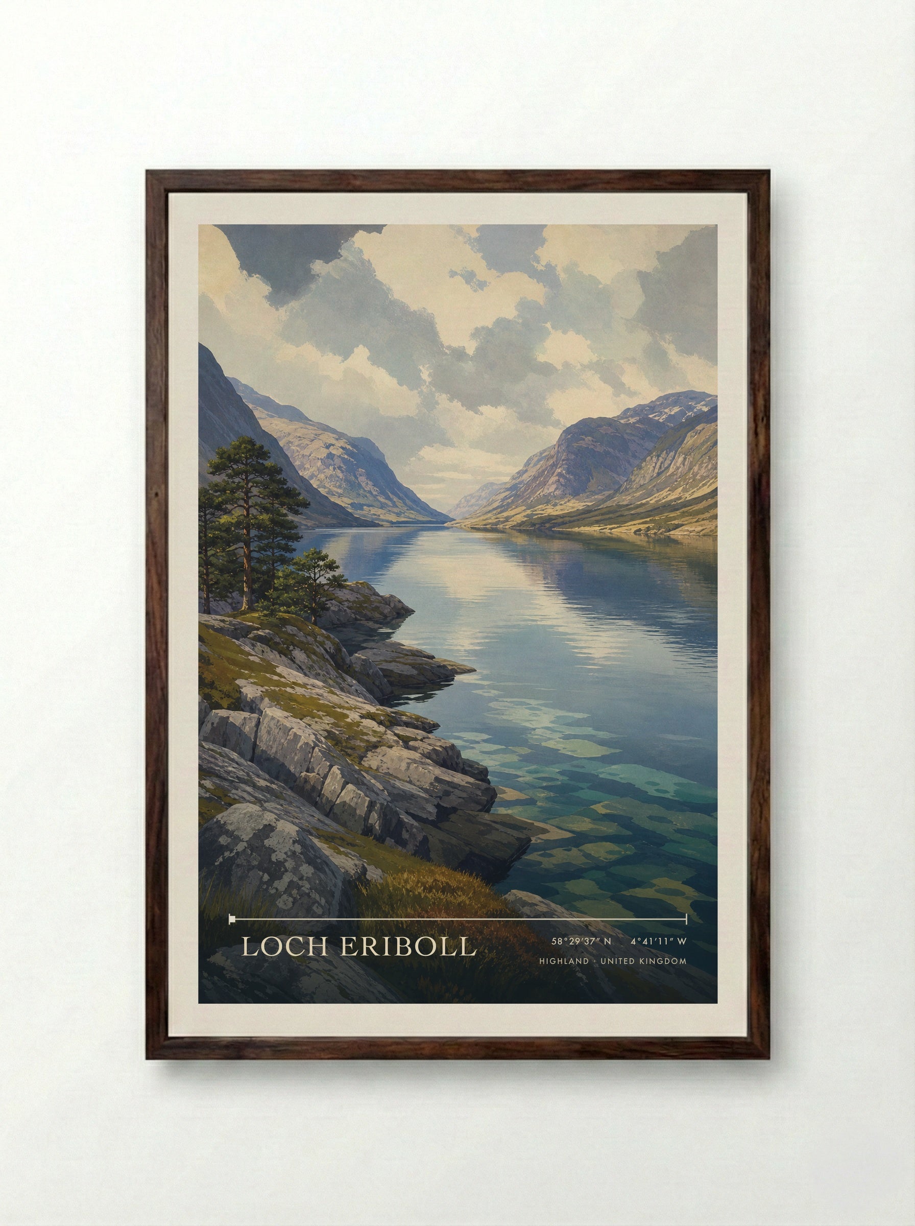 Loch Eriboll Highland United Kingdom Travel Poster - Framed Print Dark Wood