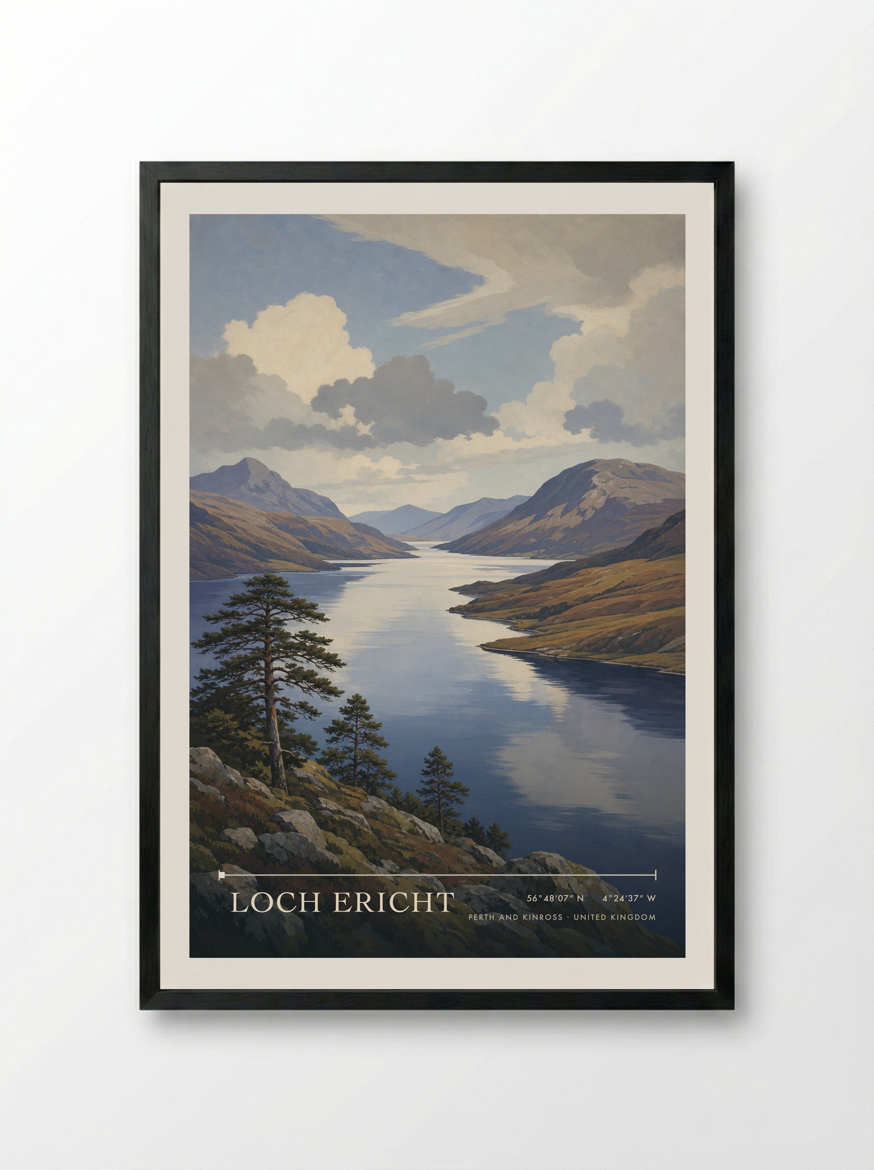 Loch Ericht Perth and Kinross United Kingdom Travel Poster - Framed Print Black