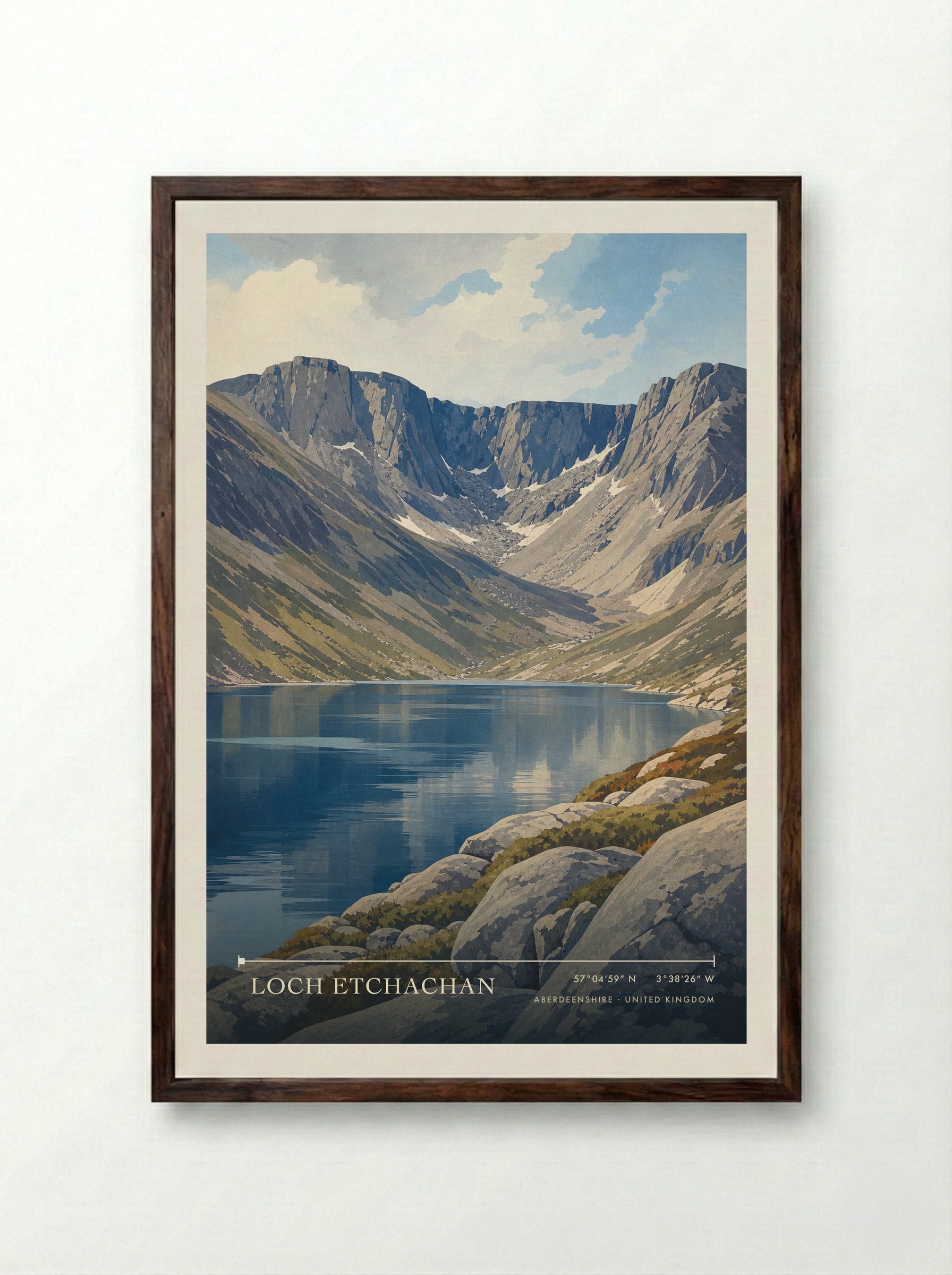 Loch Etchachan Aberdeenshire United Kingdom Travel Poster - Framed Print Dark Wood