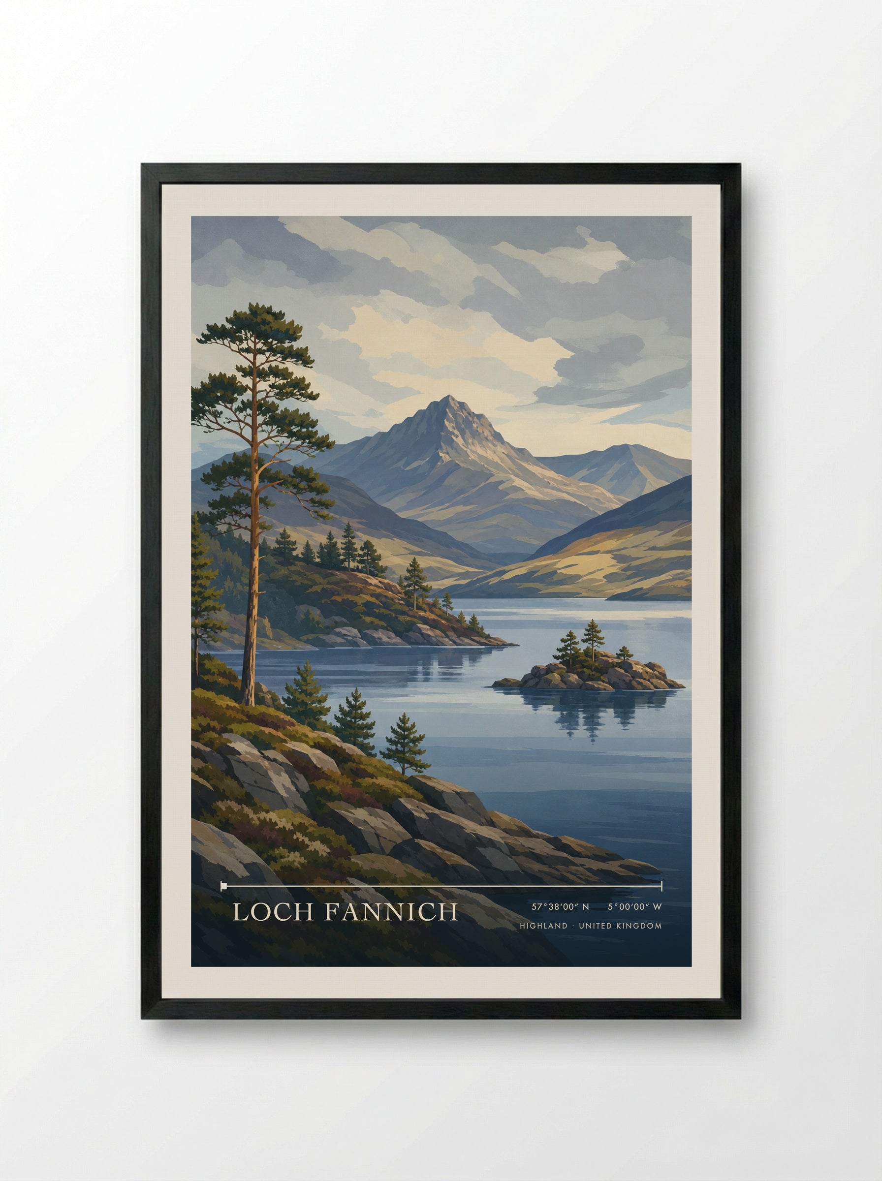 Loch Fannich Highland United Kingdom Travel Poster - Framed Print Black