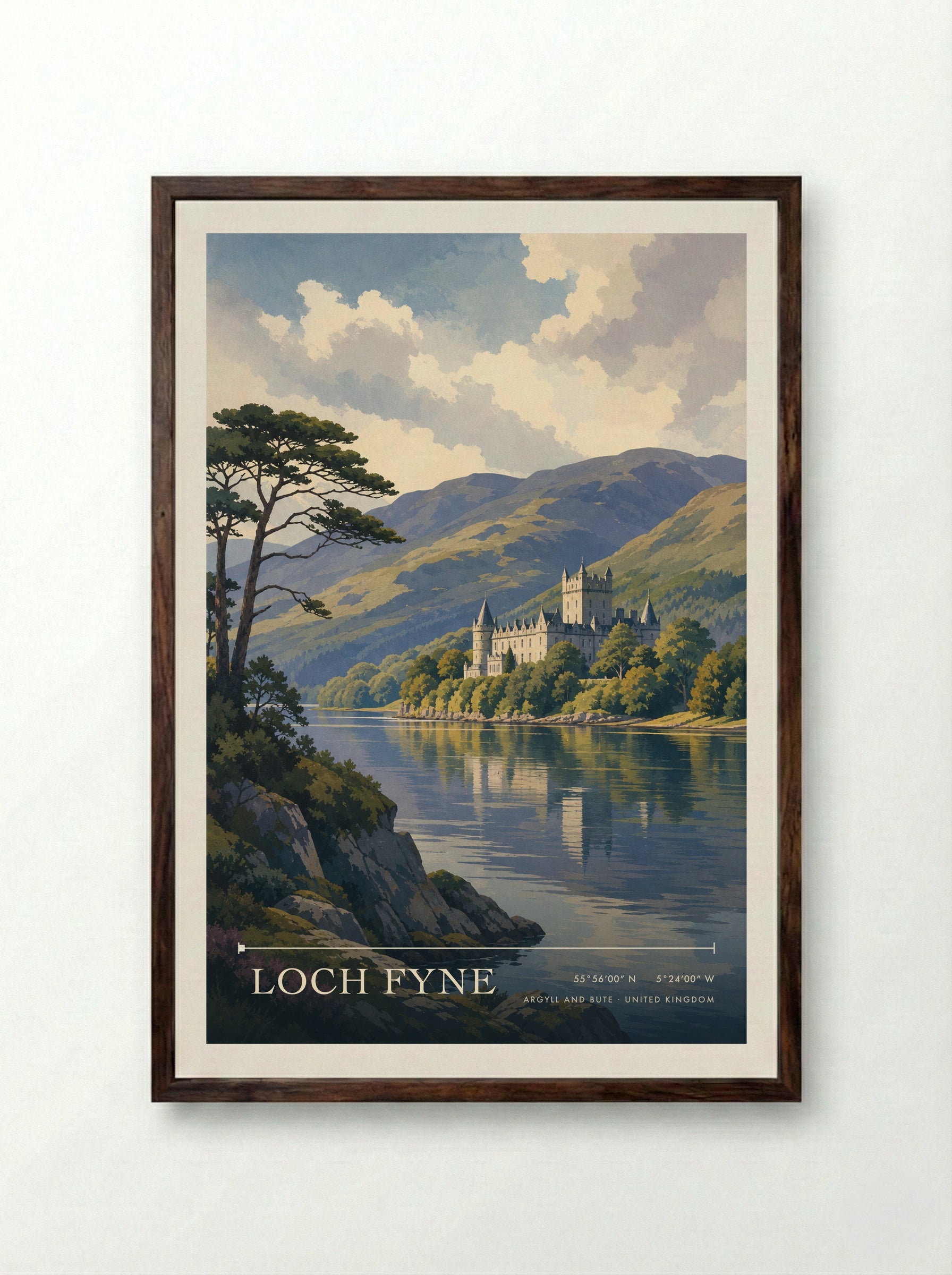Loch Fyne Argyll and Bute United Kingdom Travel Poster - Framed Print Dark Wood